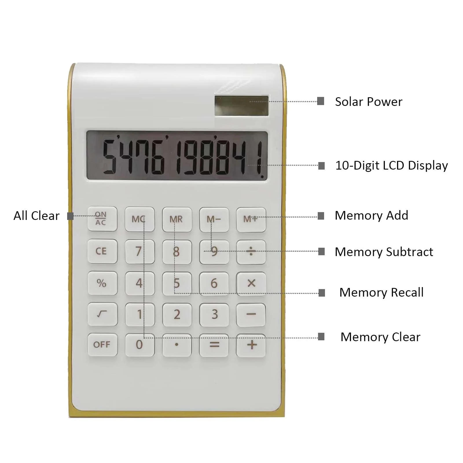 Solar Gold Calculator Standard Function Desktop Calculator LCD 10-Digit Desktop Calculator for Office, Home White - Image 3