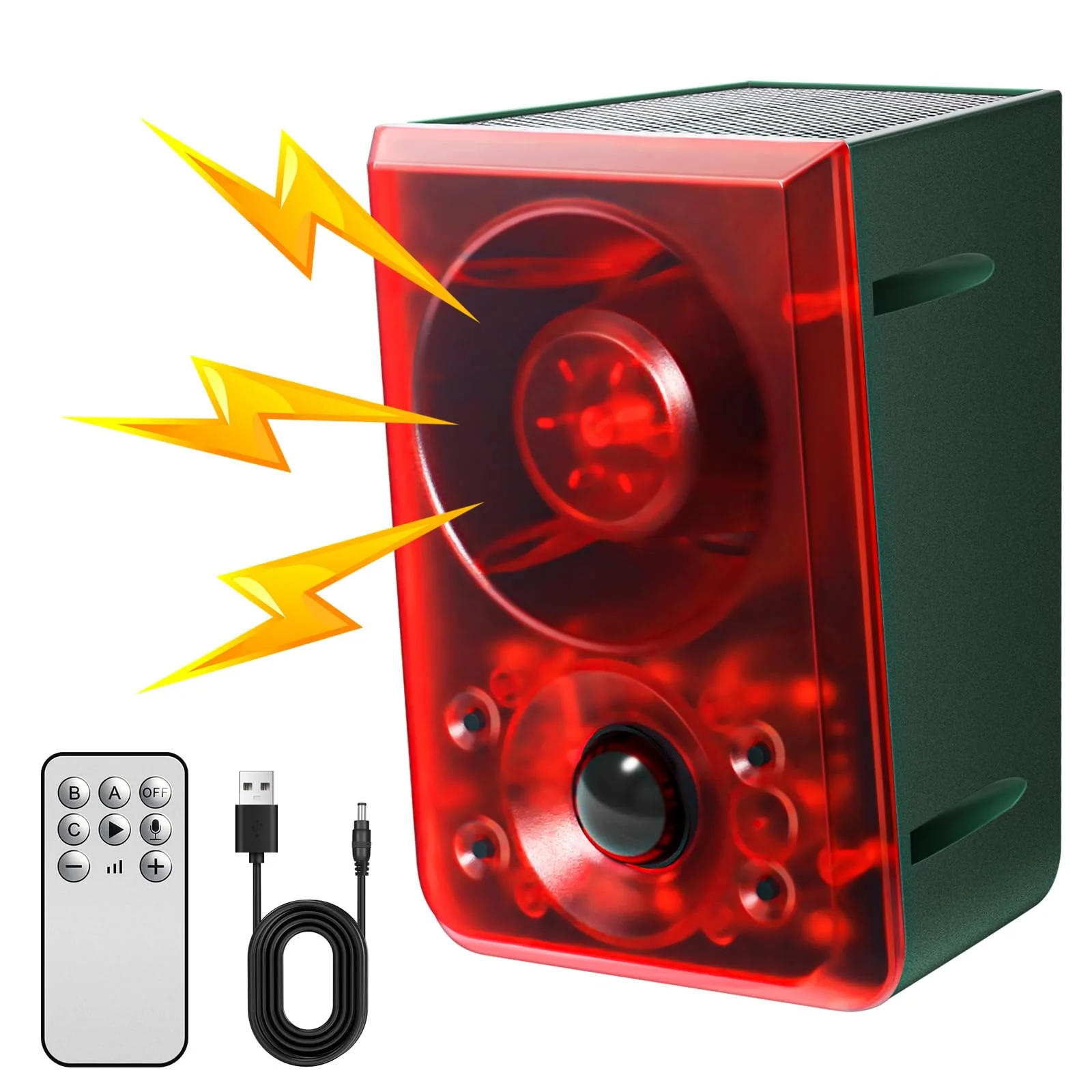 Solar Outdoor Motion Sensor Alarm - Dog Barking & Gunshot Sound, Support Recording and Volume Adjustment, 130dB Noise with Flashing Light to Deter Raccoon, Deer, Skunk, Bear, Coyote