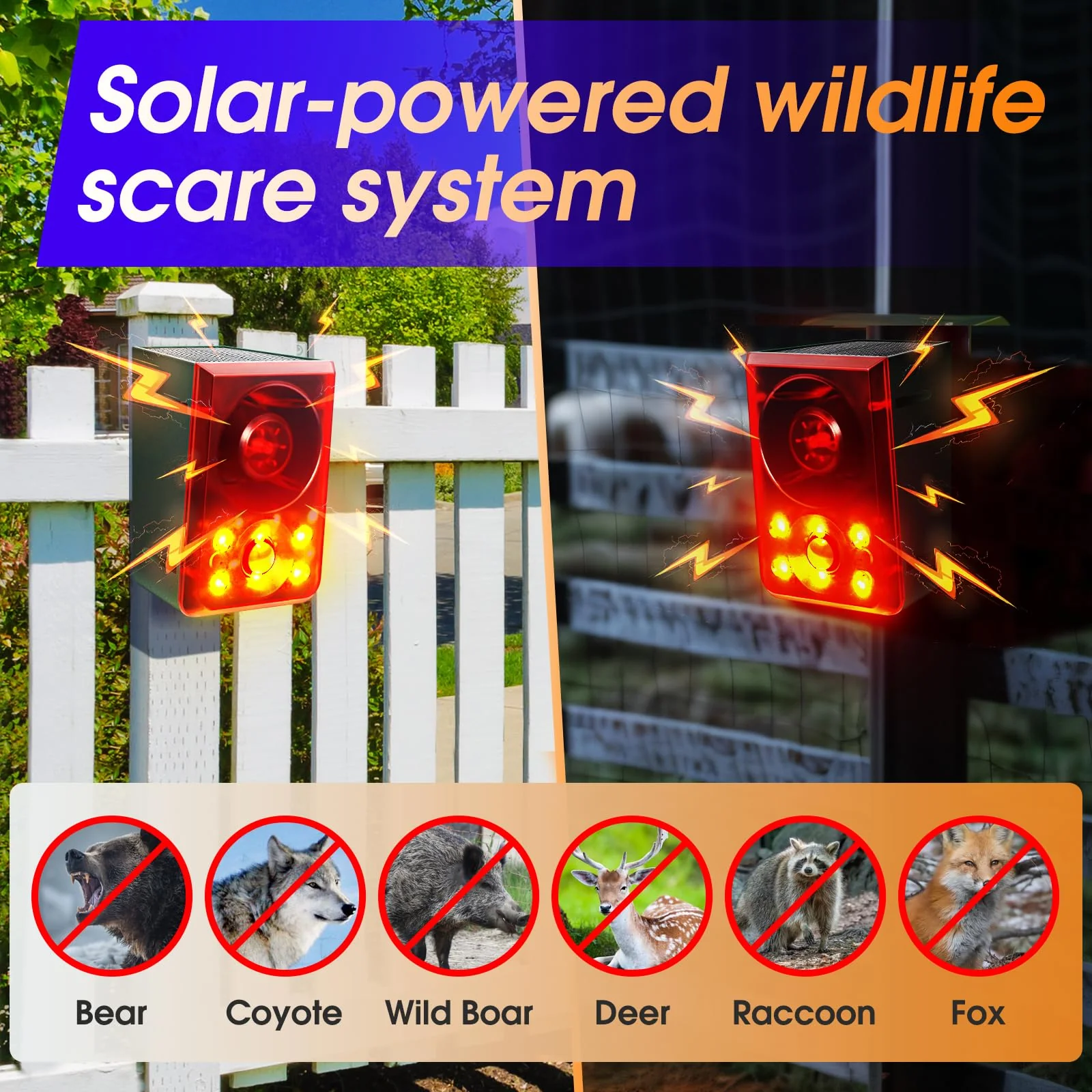 Solar Outdoor Motion Sensor Alarm - Dog Barking & Gunshot Sound, Support Recording and Volume Adjustment, 130dB Noise with Flashing Light to Deter Raccoon, Deer, Skunk, Bear, Coyote - Image 3