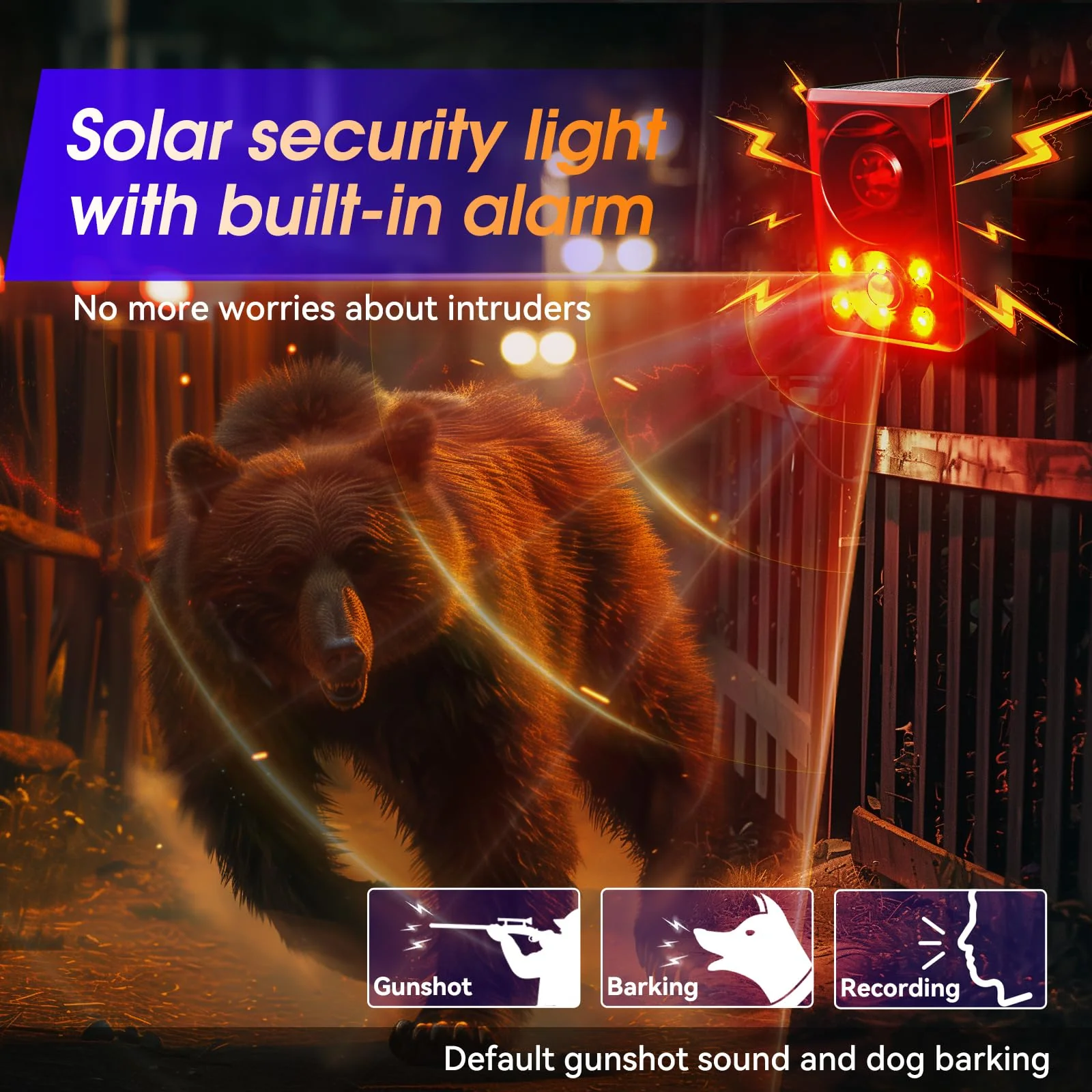 Solar Outdoor Motion Sensor Alarm - Dog Barking & Gunshot Sound, Support Recording and Volume Adjustment, 130dB Noise with Flashing Light to Deter Raccoon, Deer, Skunk, Bear, Coyote - Image 4