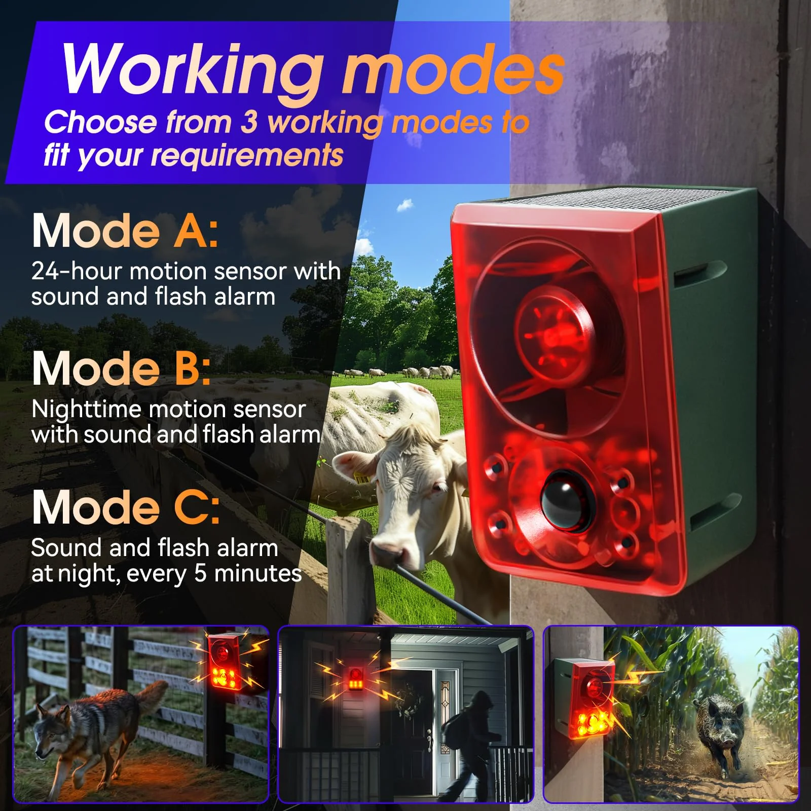 Solar Outdoor Motion Sensor Alarm - Dog Barking & Gunshot Sound, Support Recording and Volume Adjustment, 130dB Noise with Flashing Light to Deter Raccoon, Deer, Skunk, Bear, Coyote - Image 5