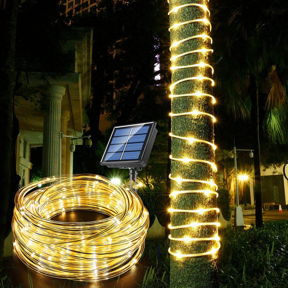 Solar Rope Light 33FT 100L IP65 Weatherproof Outdoor LED Copper Fairy String Tube Lights for Party Garden Porch Yard Home Wedding Vacation Daily Holiday Tree Decoration Lighting (Warm White) Warm White