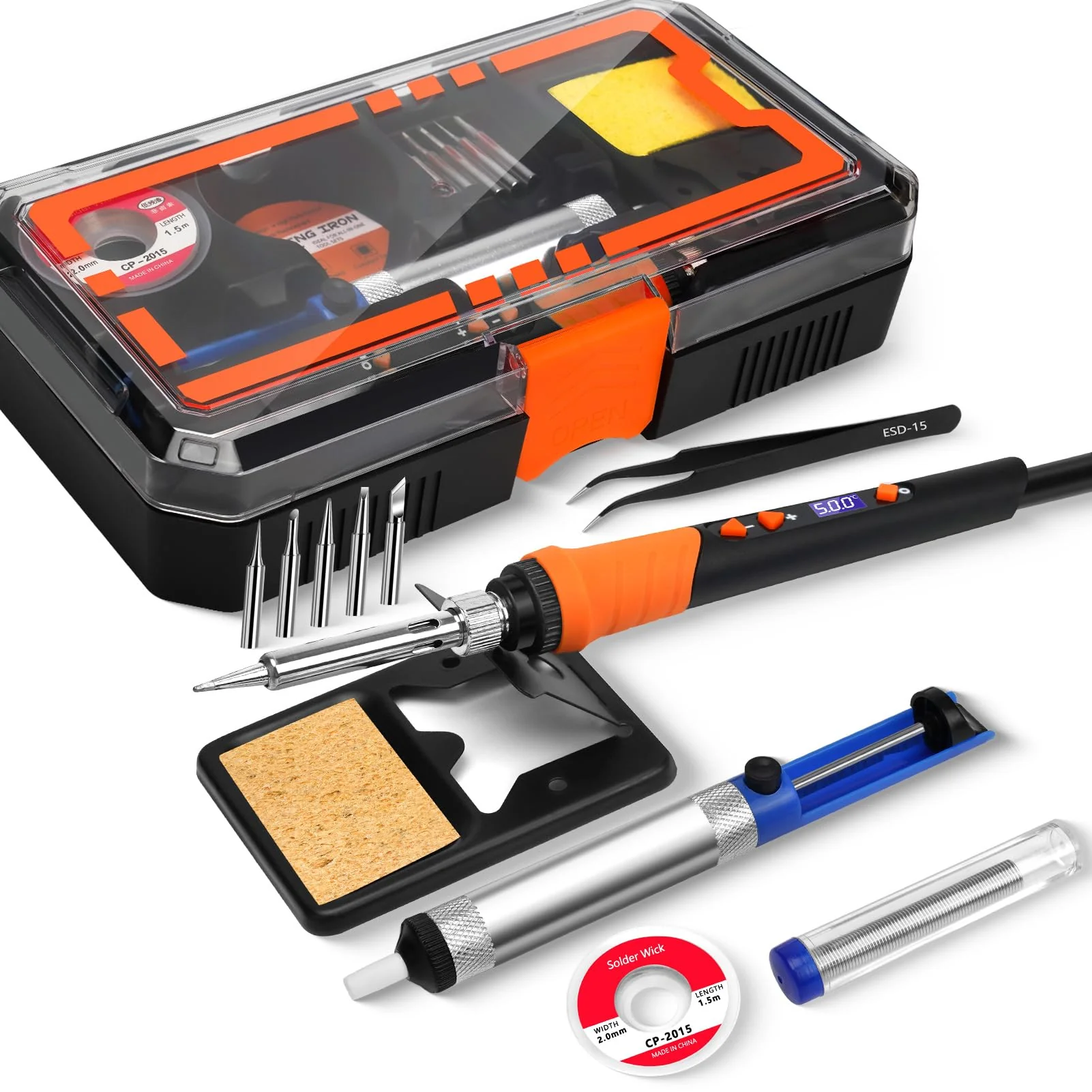 Soldering Iron, 90W Soldering Kit, LCD 12-in-1 Soldering Tool, Adjustable Temperature 200-500°C, with 5 x Replaceable Soldering Iron Tips, Desoldering Wire, Lead-Free Soldering Wire, Desoldering Pump, Orange Colour.