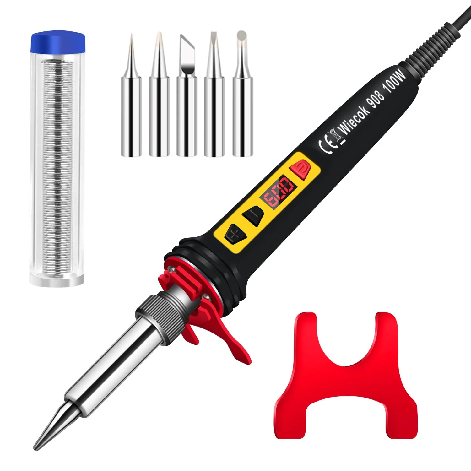 Soldering Iron Set 100 W LCD, Soldering Iron with Adjustable Temperature 200-600 °C Soldering Iron with On/Off Switch, 15 g Soldering Wire, 5 Soldering Tips, Soldering Set for Electrical Work Black