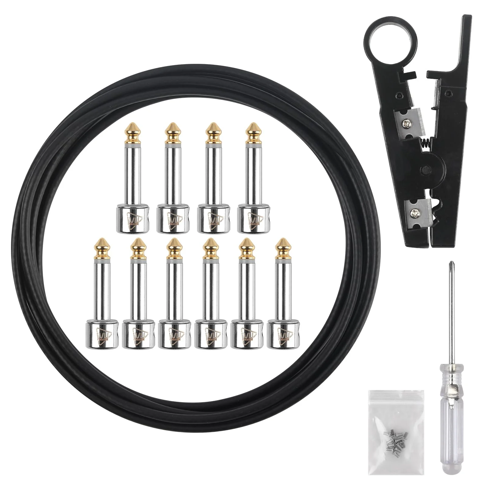 Solderless Pedalboard Cable Kit, 10 Feet Cable & 10 Gold Tip Connectors for Guitar Effects & Pedal Board, DIY Patch Cables with Cutter, Bolt Driver