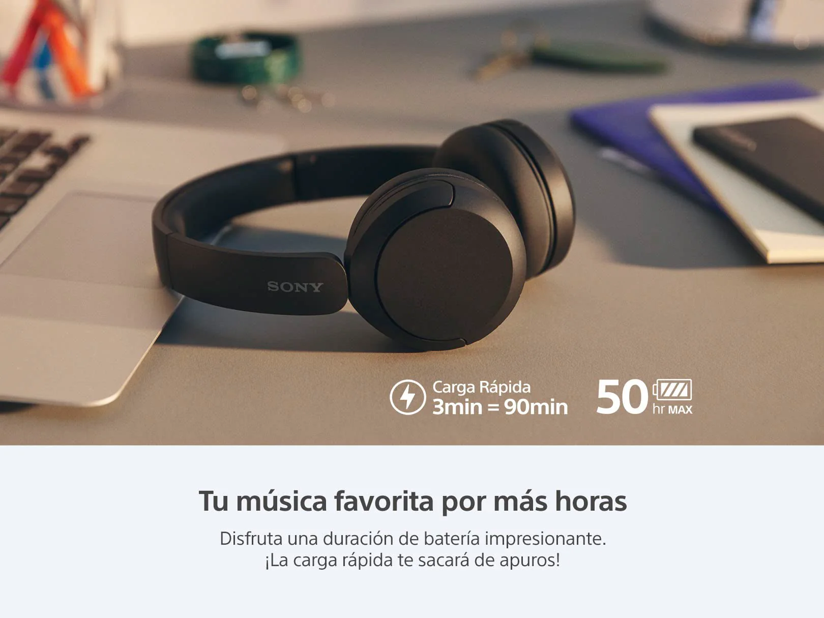 Sony WH-CH520 Best Wireless Bluetooth On-Ear Headphones with Microphone for Calls and Voice Control, Up to 50 Hours Battery Life with Quick Charge Function, Includes USB-C Charging Cable - Black - Image 3