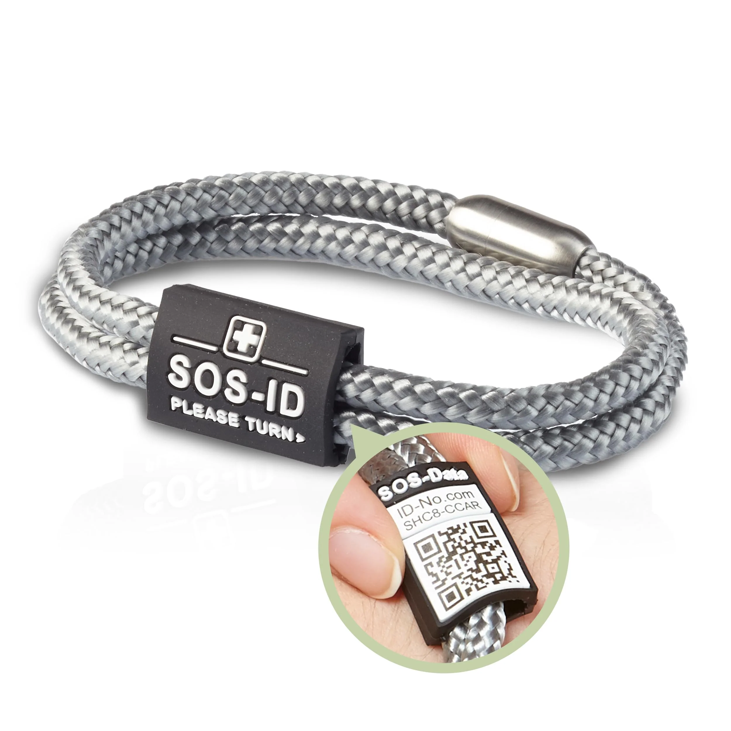 SOS-ID Lifestyle Emergency Bracelet Made of Heavy Duty Sailing Rope with QR Code (M/Silver) - Durable & Waterproof SOS Bracelet for Emergencies - Quick Access to Health Data Medium silver