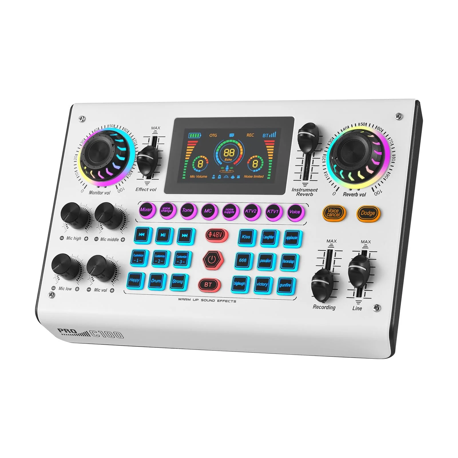 Sound Board Audio Mixer 48V Phantom Power Live Sound Card RGB Light BT Wireless Plug and Play for Live Streaming Podcasting Recording Content Create Gaming Rechargeable