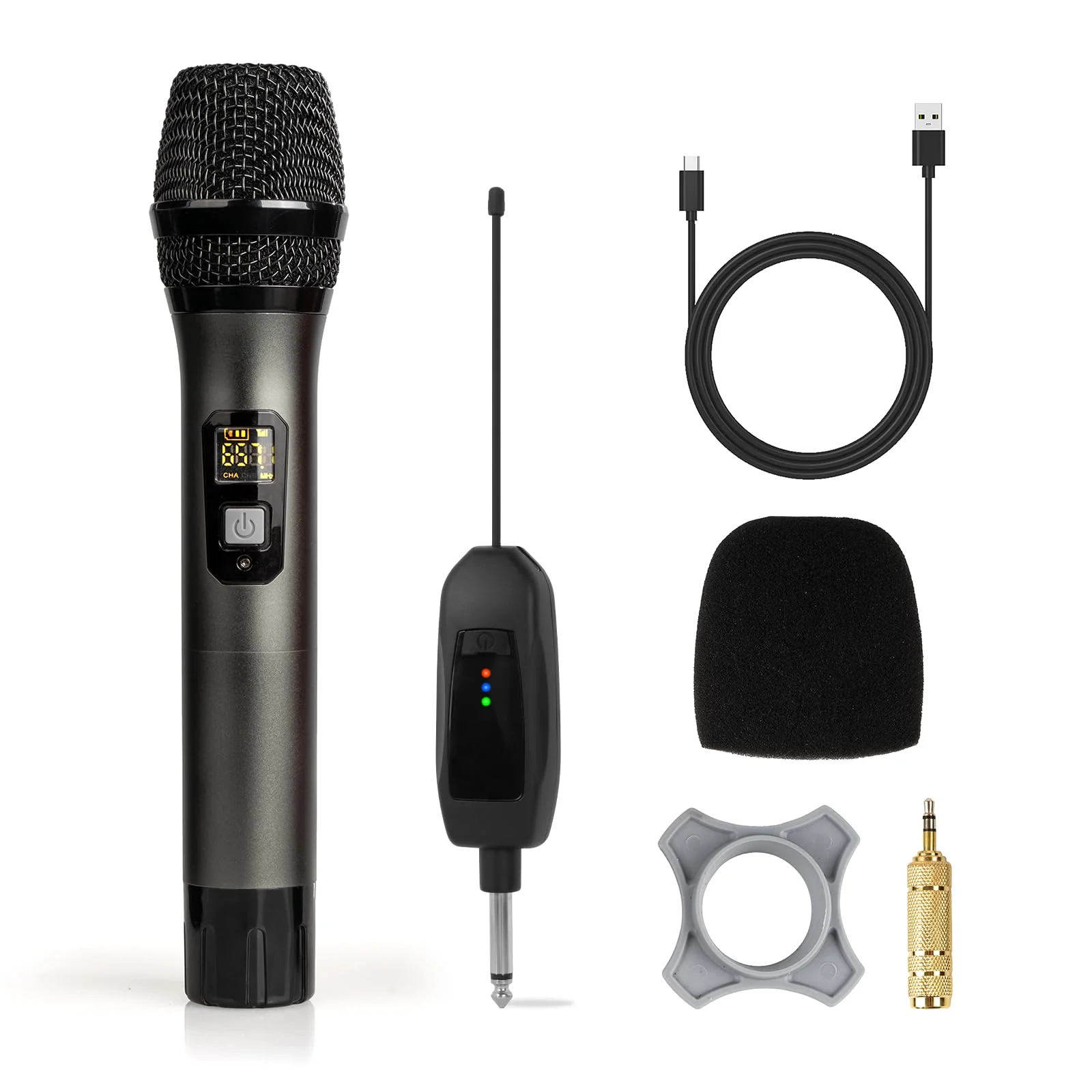 Soundgeek Wireless Microphone UHF Metal Dual Handheld Mic with Rechargeable Receiver 200ft Range, Microphone for Singing, Karaoke, Church, Speech, Wedding, Party Singing (1 Mics, Gray) 1