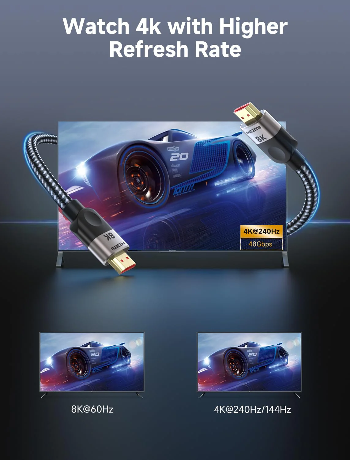 Southlight HDMI 2.1 Cable 5 Metres [8K@60Hz, 4K@120Hz144Hz, 48Gbps] Ultra High Speed 7680P eARC HDCP 2.2 & 2.3 DTS:X Dynamic HDR Dolby Atmos Compatible with Soundbar/PS2/PS5/Xbox/Roku TV 5 Meter gray - Image 6