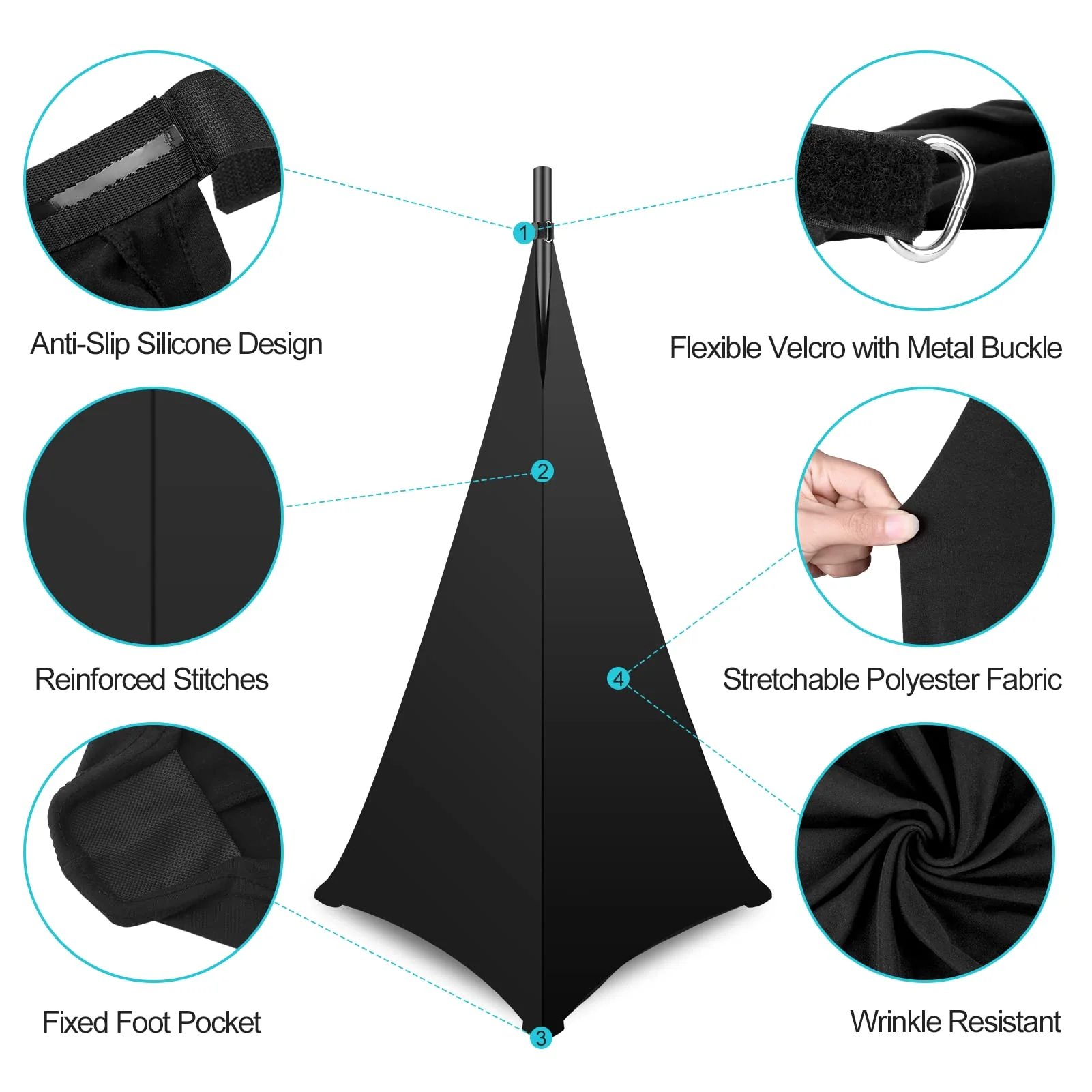 Speaker Stand Cover, DJ Speaker Stretch Cover Black, 360 Degree Speaker Stand Tripod Cover Skirt with Storage Bag for Stage Gig, Wedding and Banquet Event- 2 Pack - Image 3
