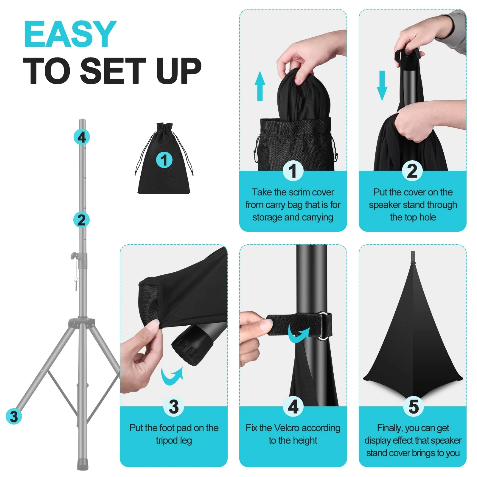 Speaker Stand Cover, DJ Speaker Stretch Cover Black, 360 Degree Speaker Stand Tripod Cover Skirt with Storage Bag for Stage Gig, Wedding and Banquet Event- 2 Pack - Image 5