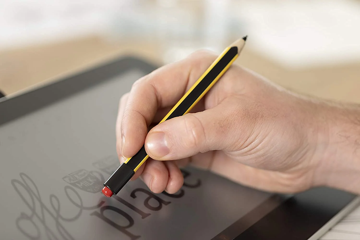STAEDTLER Noris jumbo 180J 22. EMR Stylus with soft eraser. For writing, drawing and erasing on EMR displays, yellow-black (check compatibility) - Image 5