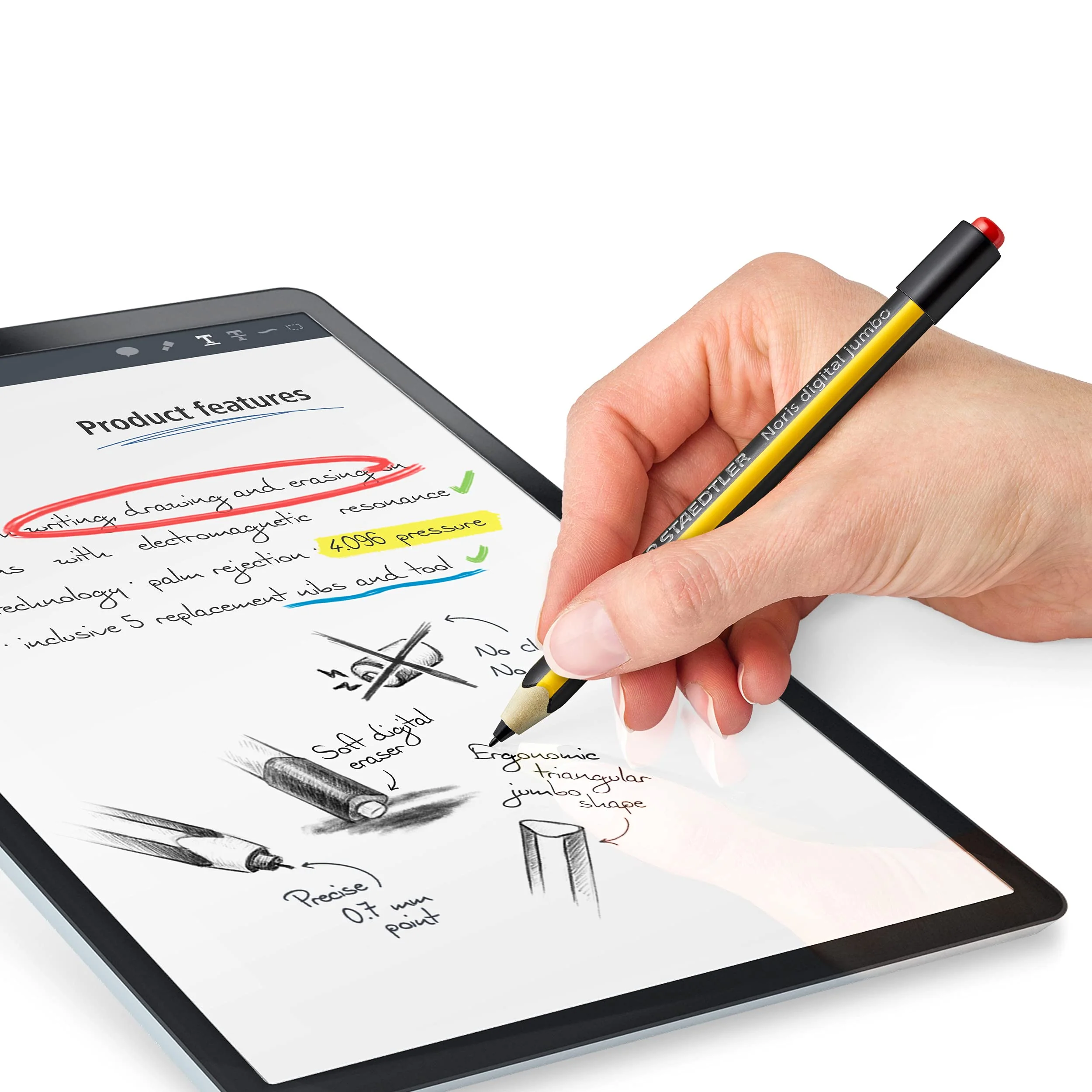 STAEDTLER Noris jumbo 180J 22. EMR Stylus with soft eraser. For writing, drawing and erasing on EMR displays, yellow-black (check compatibility) - Image 7