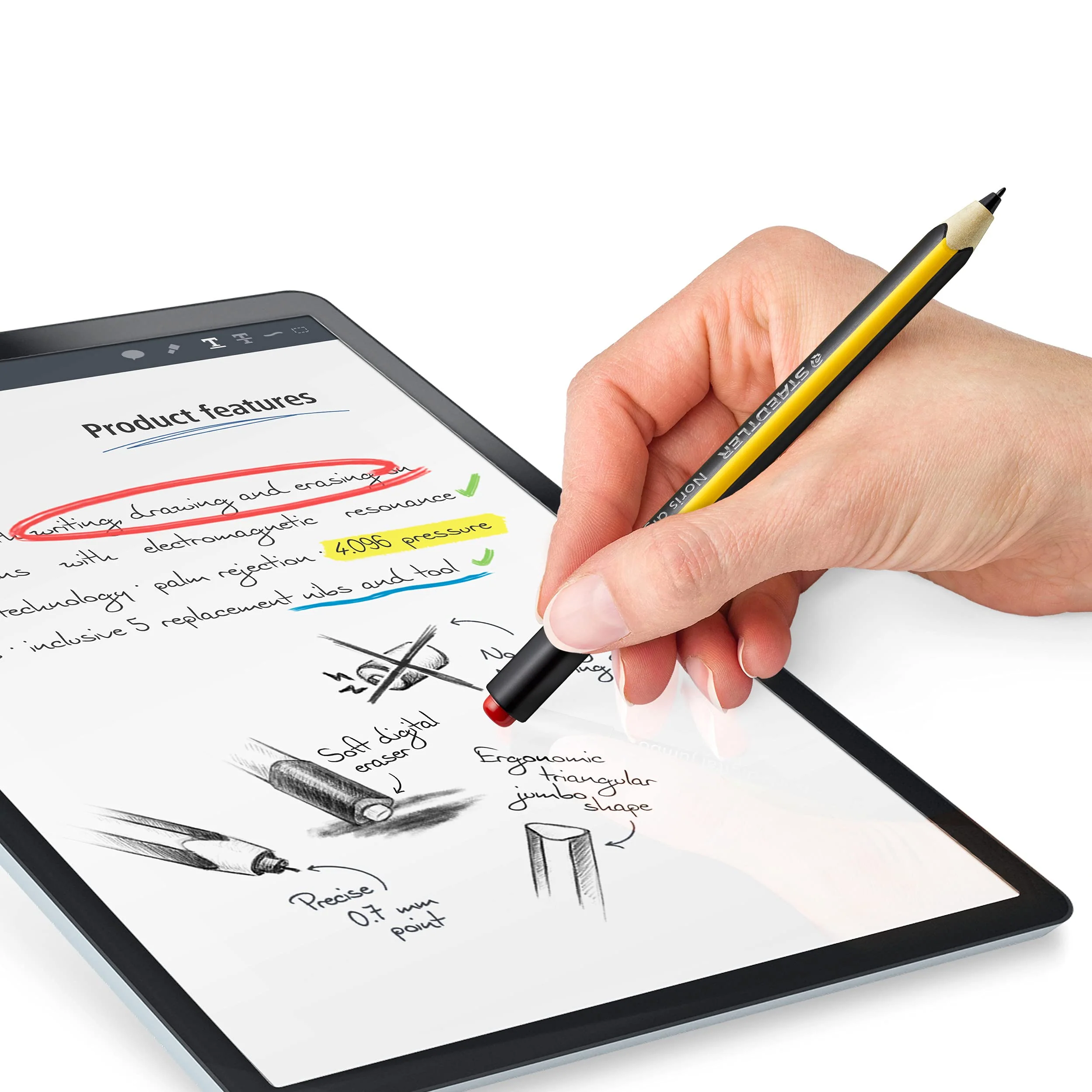 STAEDTLER Noris jumbo 180J 22. EMR Stylus with soft eraser. For writing, drawing and erasing on EMR displays, yellow-black (check compatibility) - Image 8