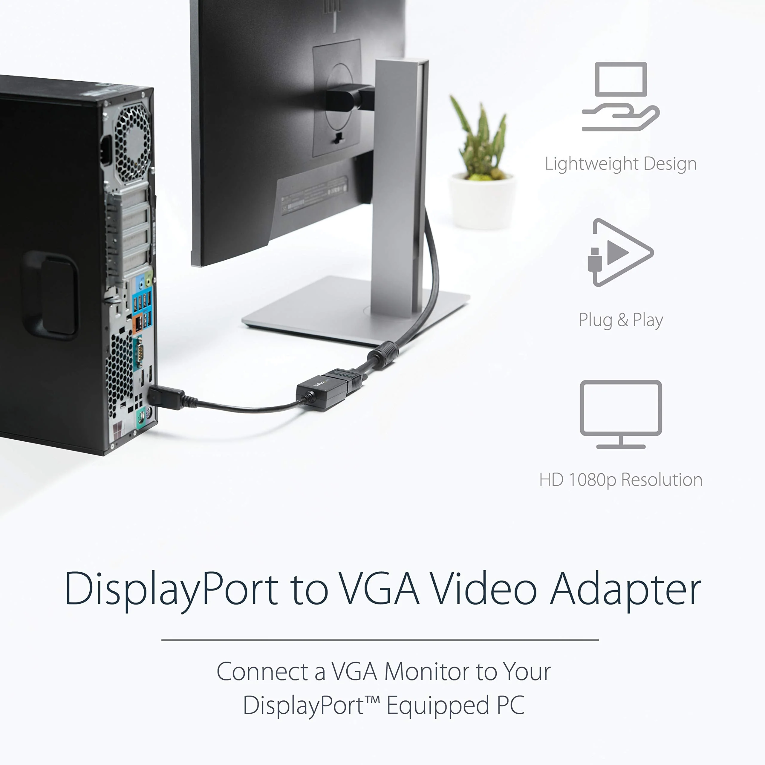 StarTech.com DisplayPort to VGA Adapter - Active DP to VGA Converter - 1080p Video - DisplayPort Certified - DP/DP++ Source to VGA Monitor Cable Adapter Dongle - Latching DP Connector (DP2VGA2) - Image 2