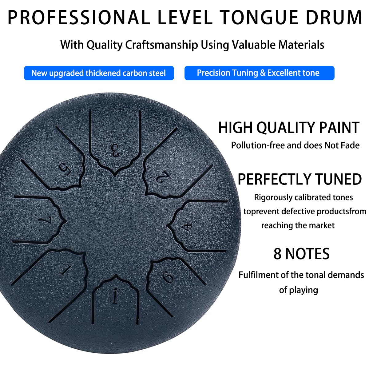Steel Tongue Drum 6 Inch 8 Notes Hand Drums, Bag, Music Book, Drumsticks, Mallet Holder and Finger Paddles, Musical Education Entertainment Camping Yoga Meditation Zen Gifts (Navy Blue) 8 Notes 6 Inches Navy blue - Image 2