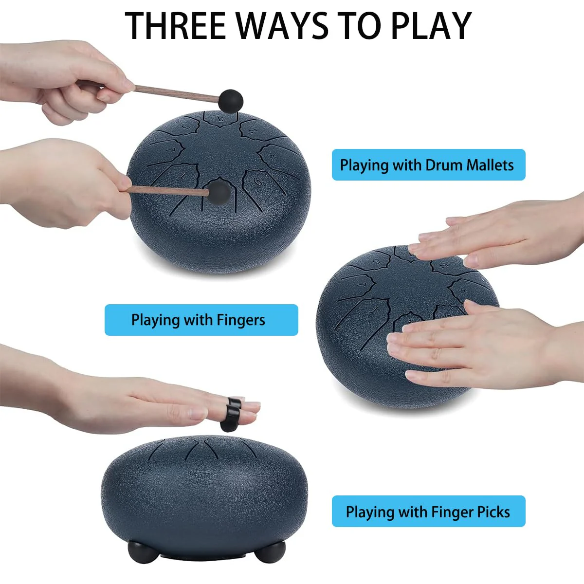 Steel Tongue Drum 6 Inch 8 Notes Hand Drums, Bag, Music Book, Drumsticks, Mallet Holder and Finger Paddles, Musical Education Entertainment Camping Yoga Meditation Zen Gifts (Navy Blue) 8 Notes 6 Inches Navy blue - Image 4
