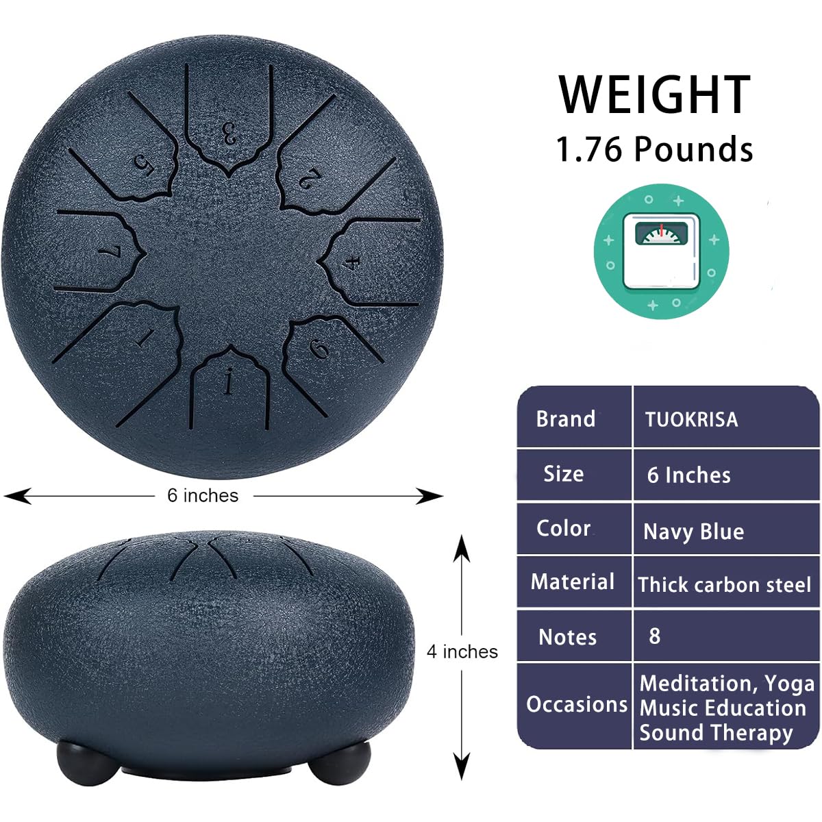Steel Tongue Drum 6 Inch 8 Notes Hand Drums, Bag, Music Book, Drumsticks, Mallet Holder and Finger Paddles, Musical Education Entertainment Camping Yoga Meditation Zen Gifts (Navy Blue) 8 Notes 6 Inches Navy blue - Image 5