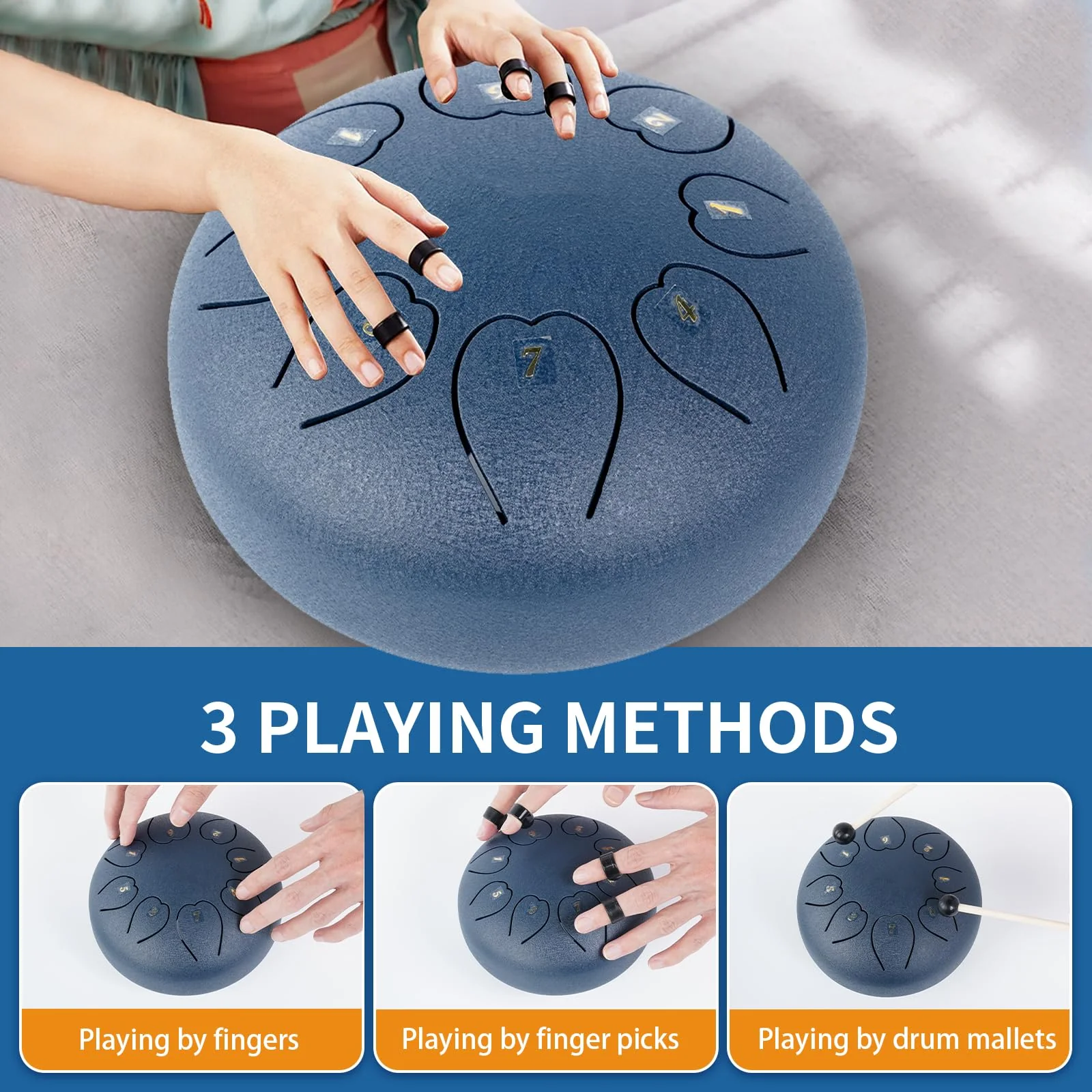 Steel Tongue Drum, Rain Drum for Outside Garden, Rain Chime Chakra Drum, Hand Pan Musical Instrument Gift with Bag for Adult Kids, Mallets for Meditation Yoga (Navy, 6 Inches 8 Notes) - Image 3