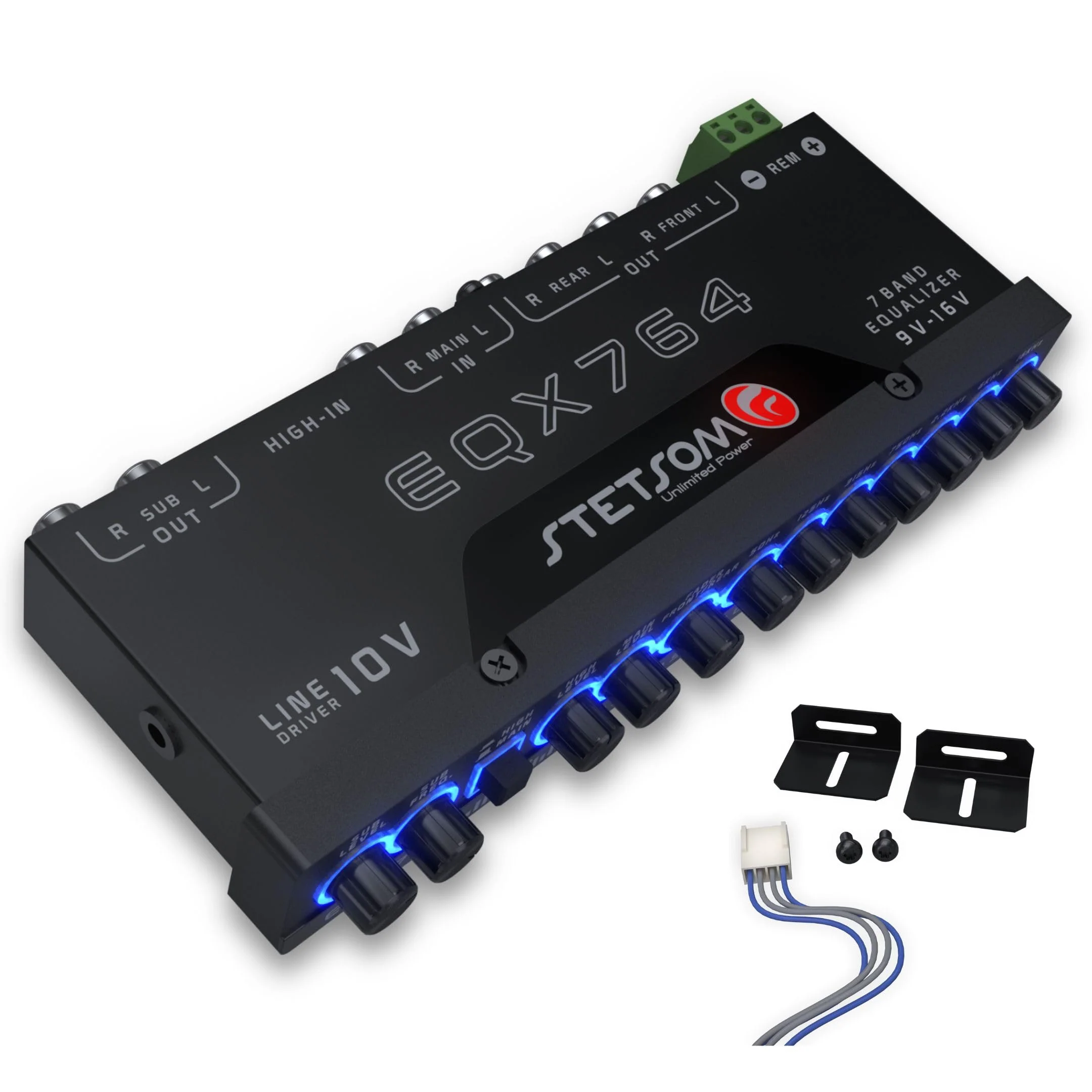 Stetsom EQX764 Graphic Equalizer 7 Band Equalization with 4 Input and 6 Output Channels, Input Channel Selection Switch (MAIN or HIGH), Level Controls for Each Input (MAIN or HIGH), Modern Blue LED