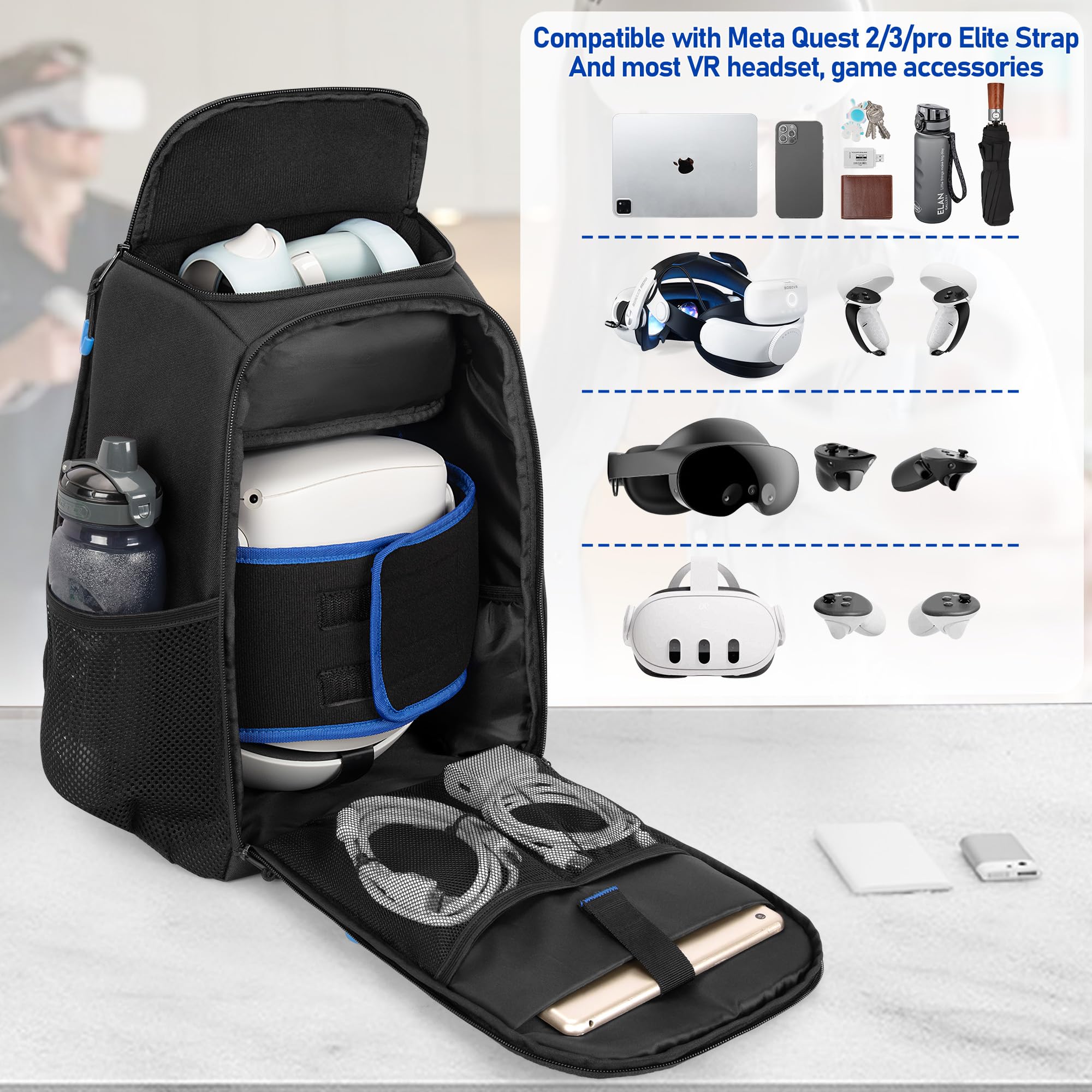 Storage Carrying Bag Compatible with Oculus Meta Quest 2/Quest 3/Quest Pro/VR Elite Strap and Controller, Travel Backpack Case with Lots of Space for Accessories (Patent Design) - Image 2