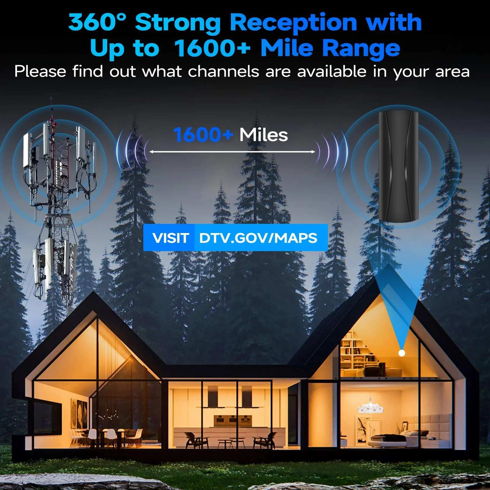 Strongest TV Antenna, 1600 Miles Range Digital Antenna for Smart TV Indoor, TV Antenna for Local Channels with High Gain Amplifier, Long Range HD TV Antenna Supports 4K 8K,1080p -36ft Coax Cable AN-5004 - Image 2