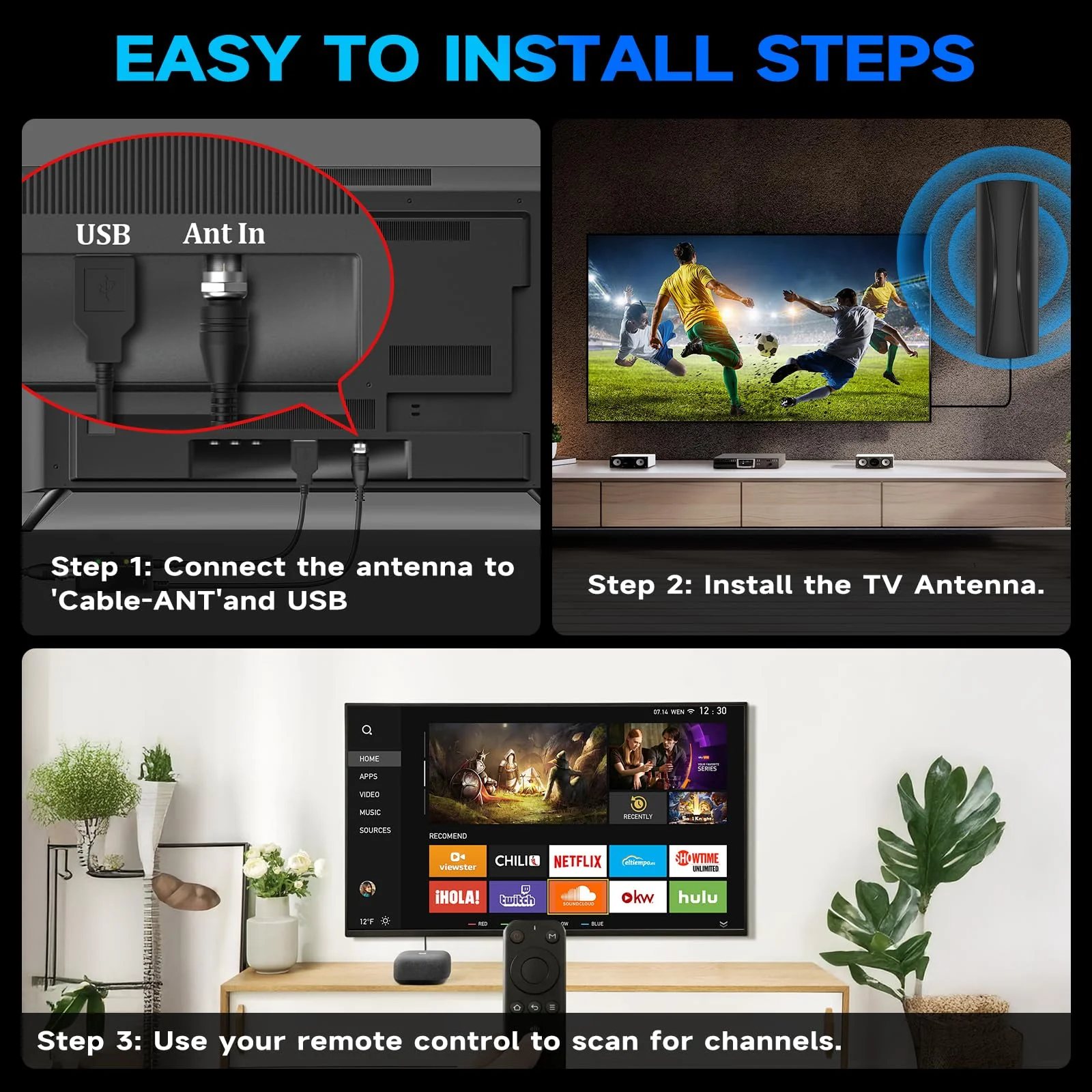 Strongest TV Antenna, 1600 Miles Range Digital Antenna for Smart TV Indoor, TV Antenna for Local Channels with High Gain Amplifier, Long Range HD TV Antenna Supports 4K 8K,1080p -36ft Coax Cable AN-5004 - Image 9