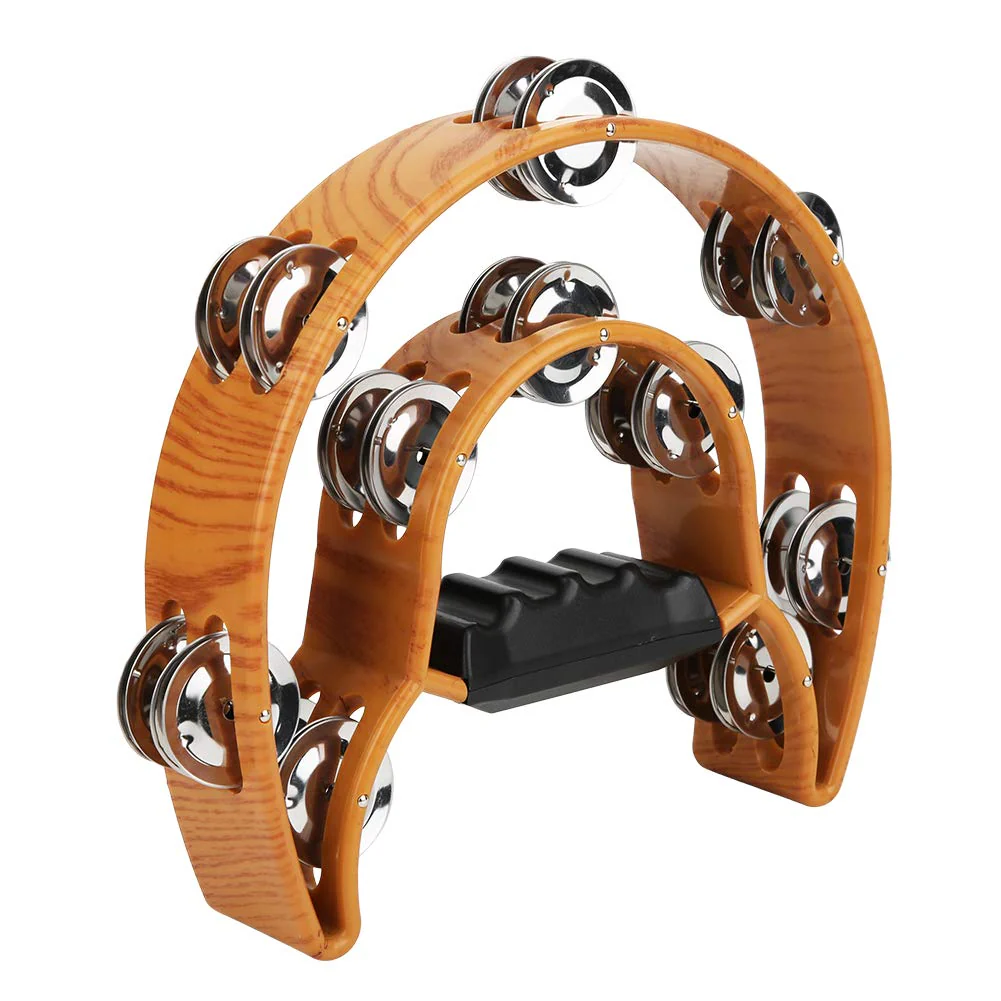 Sturdy Wooden-Style Tambourine with Double Row Jingles & Comfort Grip - Percussion Instrument
