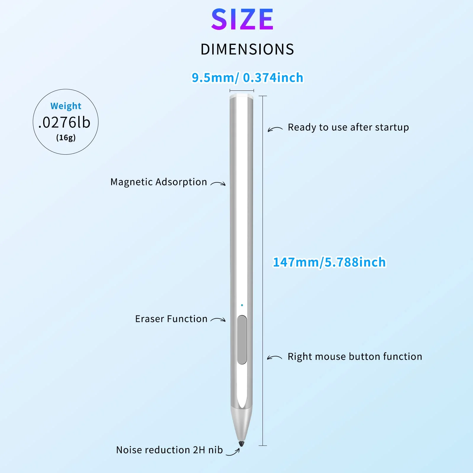 Stylus for Microsoft Surface Pro9/8/7/6/5/4/3/X Surface Laptop/Book/Studio Surface 3/Go/Go2/Go3, 4096 Pressure Sensitivity, Magnetic Attachment, USB Charging, Palm Rejection Function, Silver U-shape/4096/Magnetic Pen - Image 2
