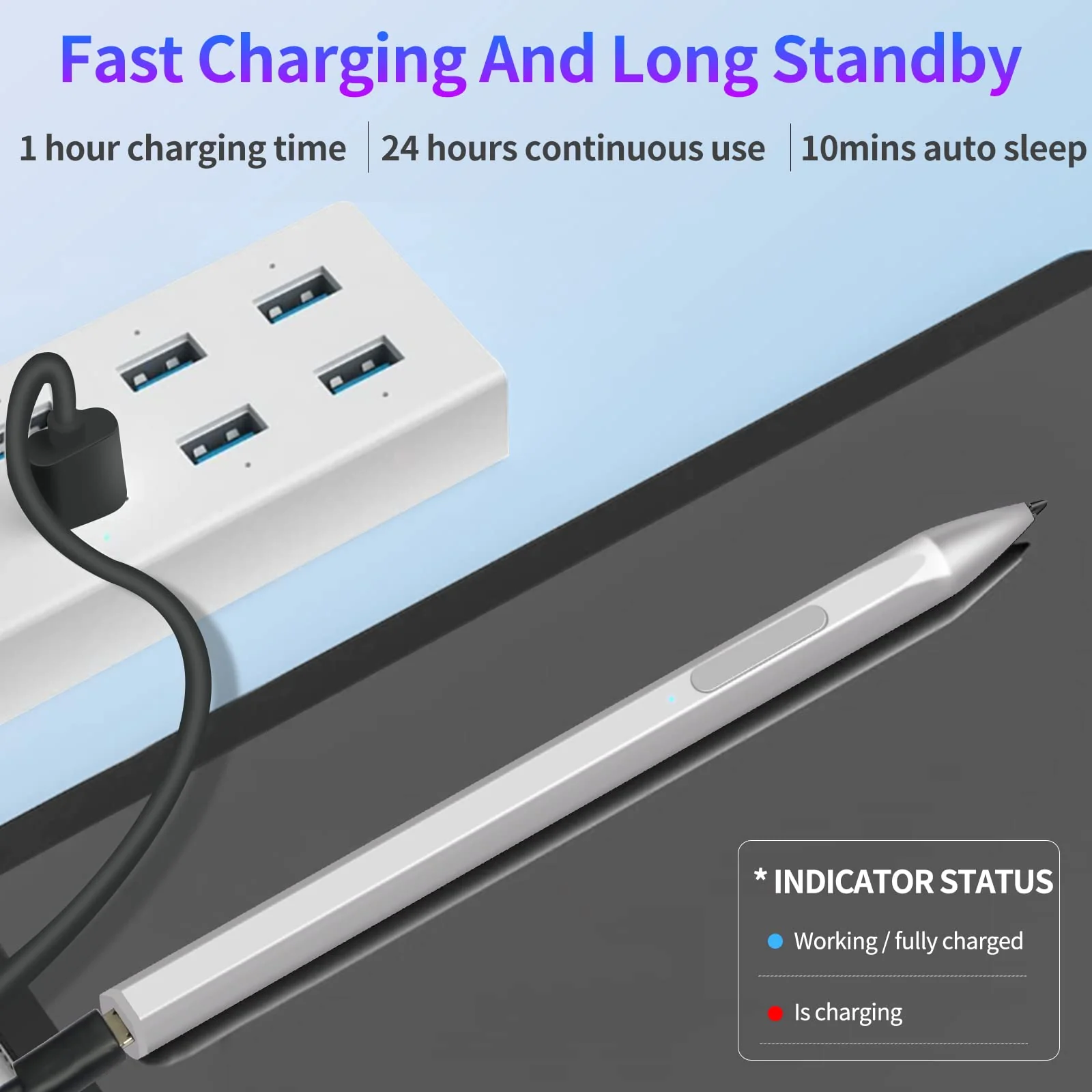 Stylus for Microsoft Surface Pro9/8/7/6/5/4/3/X Surface Laptop/Book/Studio Surface 3/Go/Go2/Go3, 4096 Pressure Sensitivity, Magnetic Attachment, USB Charging, Palm Rejection Function, Silver U-shape/4096/Magnetic Pen - Image 3