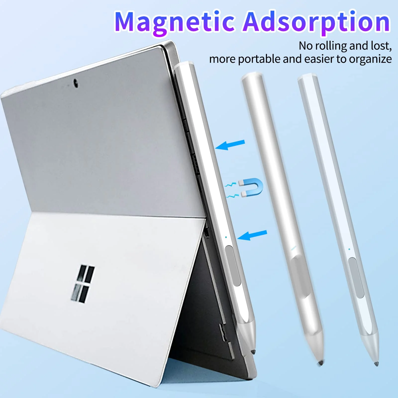 Stylus for Microsoft Surface Pro9/8/7/6/5/4/3/X Surface Laptop/Book/Studio Surface 3/Go/Go2/Go3, 4096 Pressure Sensitivity, Magnetic Attachment, USB Charging, Palm Rejection Function, Silver U-shape/4096/Magnetic Pen - Image 5
