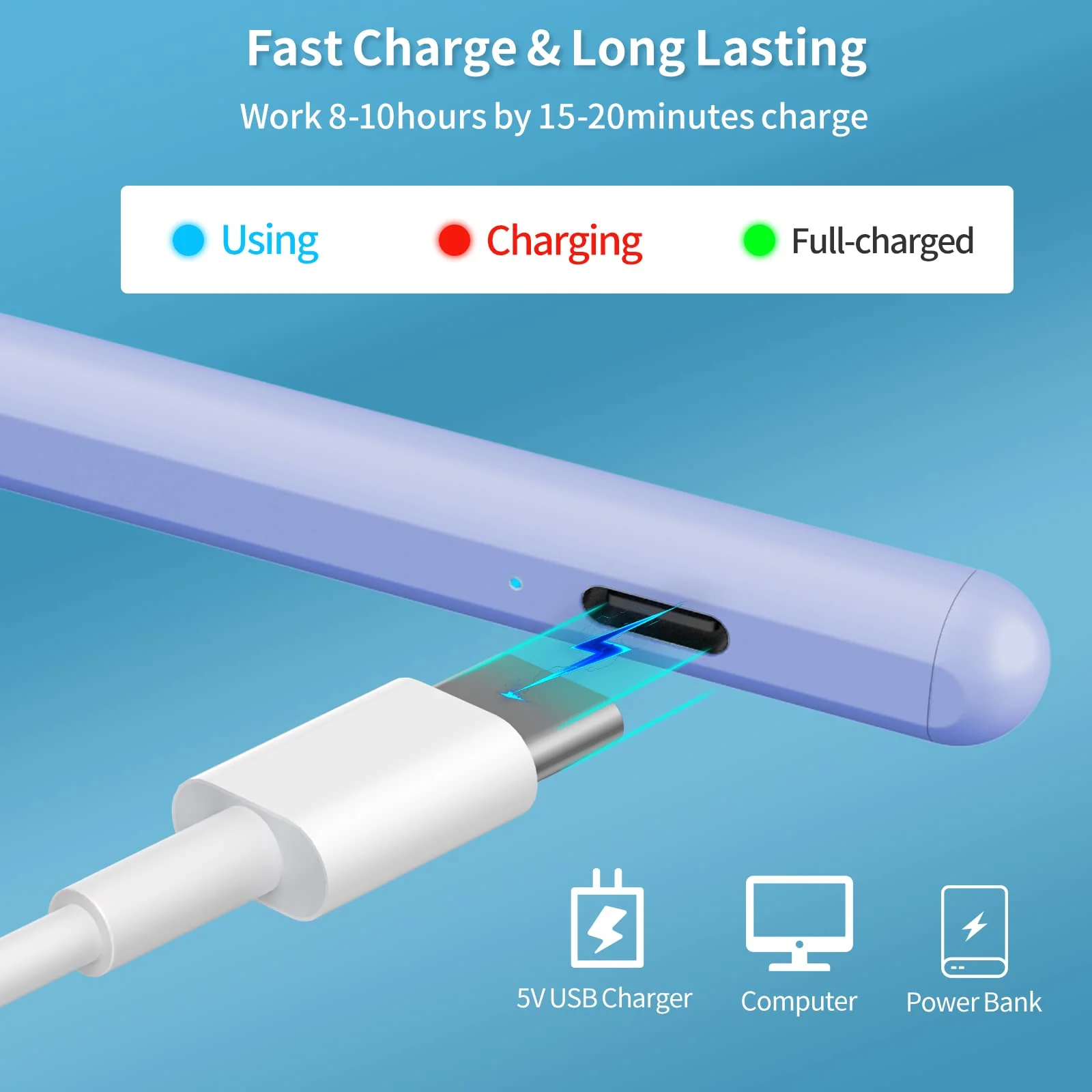 Stylus Pen for iPad 9th&10th Generation - 5 Minutes Fast Charge Digital Pen - Compatible with 2018-2023, Apple iPad Pro 11/12.9 Inch,iPad 6-10 Gen,iPad Mini 5-6 Gen,iPad Air 3-5 Gen-Purple Purple - Image 3