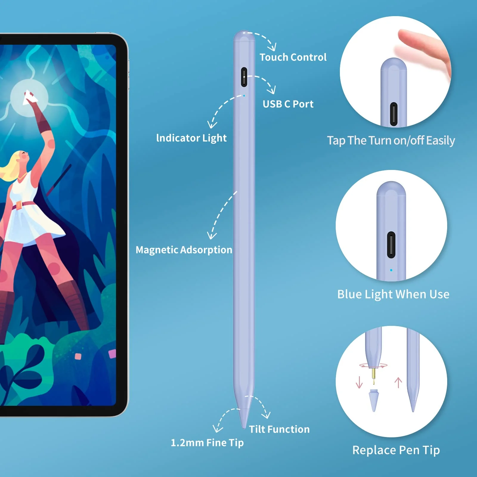 Stylus Pen for iPad 9th&10th Generation - 5 Minutes Fast Charge Digital Pen - Compatible with 2018-2023, Apple iPad Pro 11/12.9 Inch,iPad 6-10 Gen,iPad Mini 5-6 Gen,iPad Air 3-5 Gen-Purple Purple - Image 4