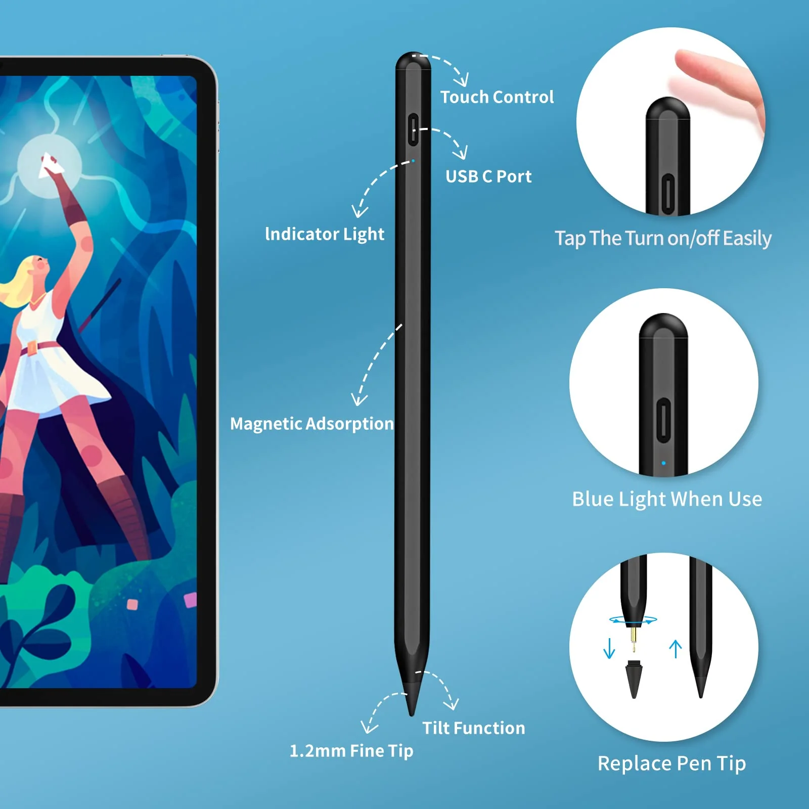 Stylus Pen for iPad 9th&10th Generation - 5X Fast Charge Digital Pen - Compatible with 2018-2023, Apple iPad Pro 11/12.9 Inch,iPad 6-10 Gen,iPad Mini 5-6 Gen,iPad Air 3-5 Gen-Black Black - Image 5