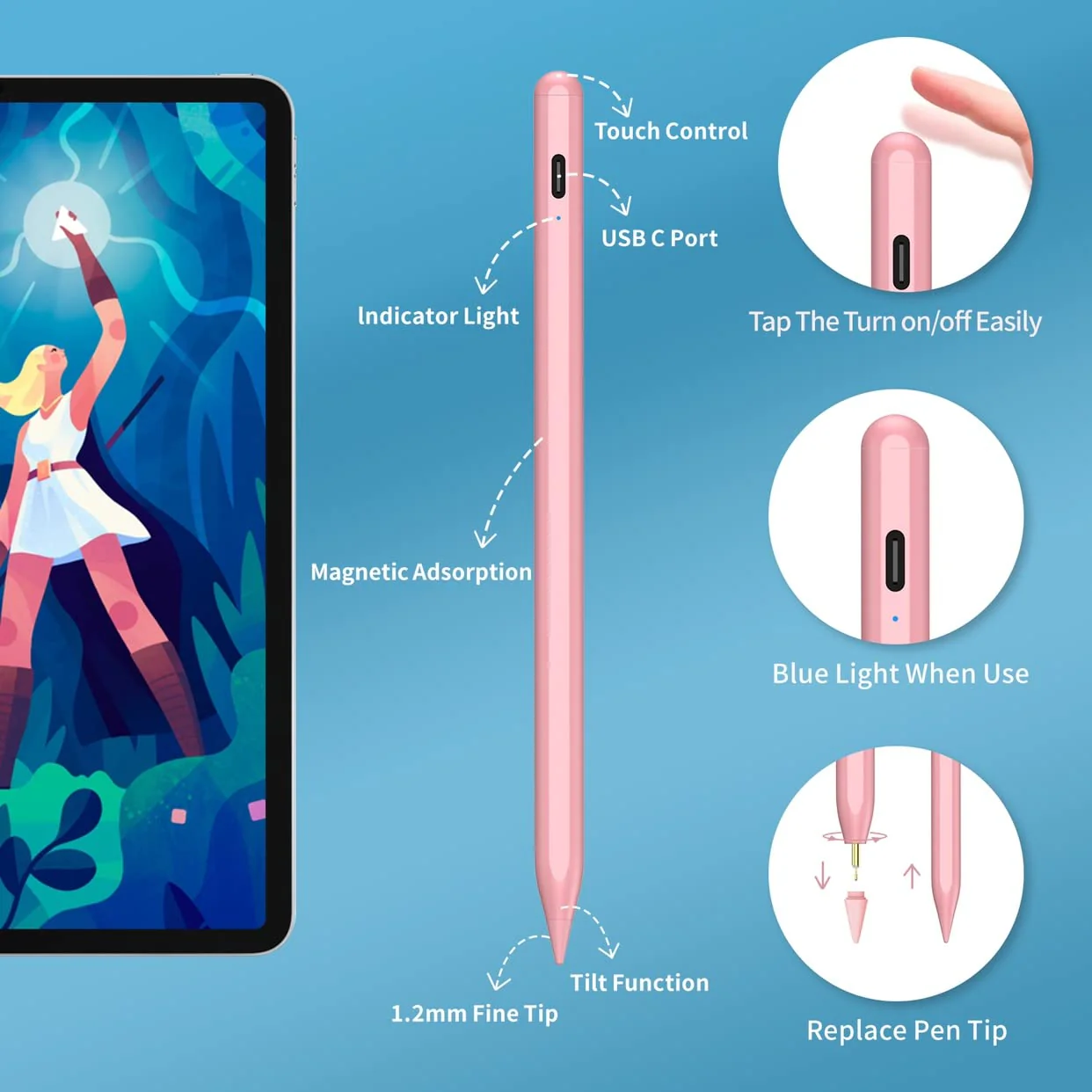 Stylus Pen for iPad 9th&10th Generation - 5X Fast Charge Digital Pen - Compatible with 2018-2023, Apple iPad Pro 11/12.9 Inch,iPad 6-10 Gen,iPad Mini 5-6 Gen,iPad Air 3-5 Gen-Pink Pink - Image 5