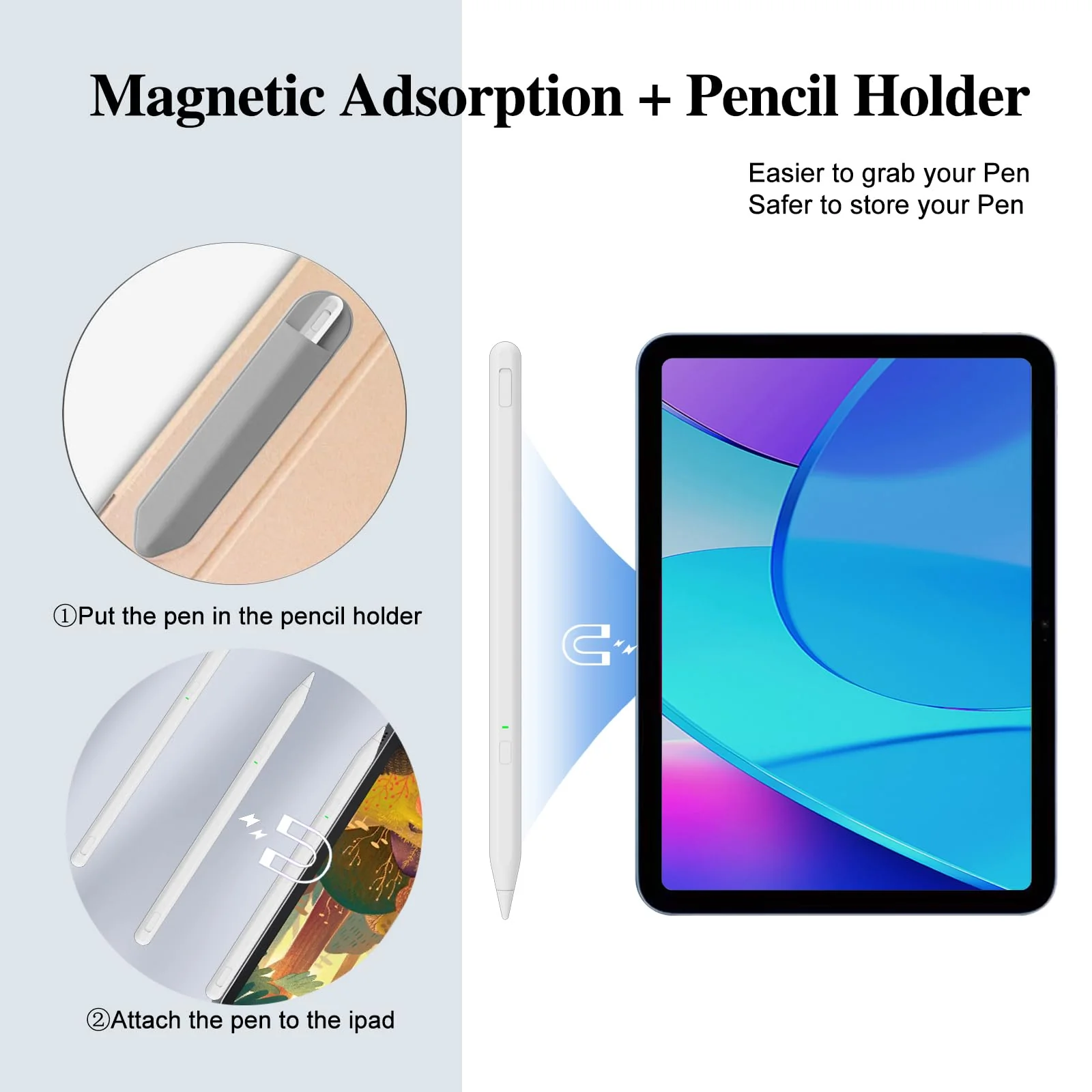 Stylus Pen for iPad 9th&10th Generation,Milikilo iPad Pen with Pencil Holder,Palm Rejection,for iPad Air11&13"(M2), iPad Pro 11"&13"(M4),iPad 6-10th,iPad Pro 11"/12.9 ", iPad Air 3/4/5, iPad Mini 5/6 White - Image 5