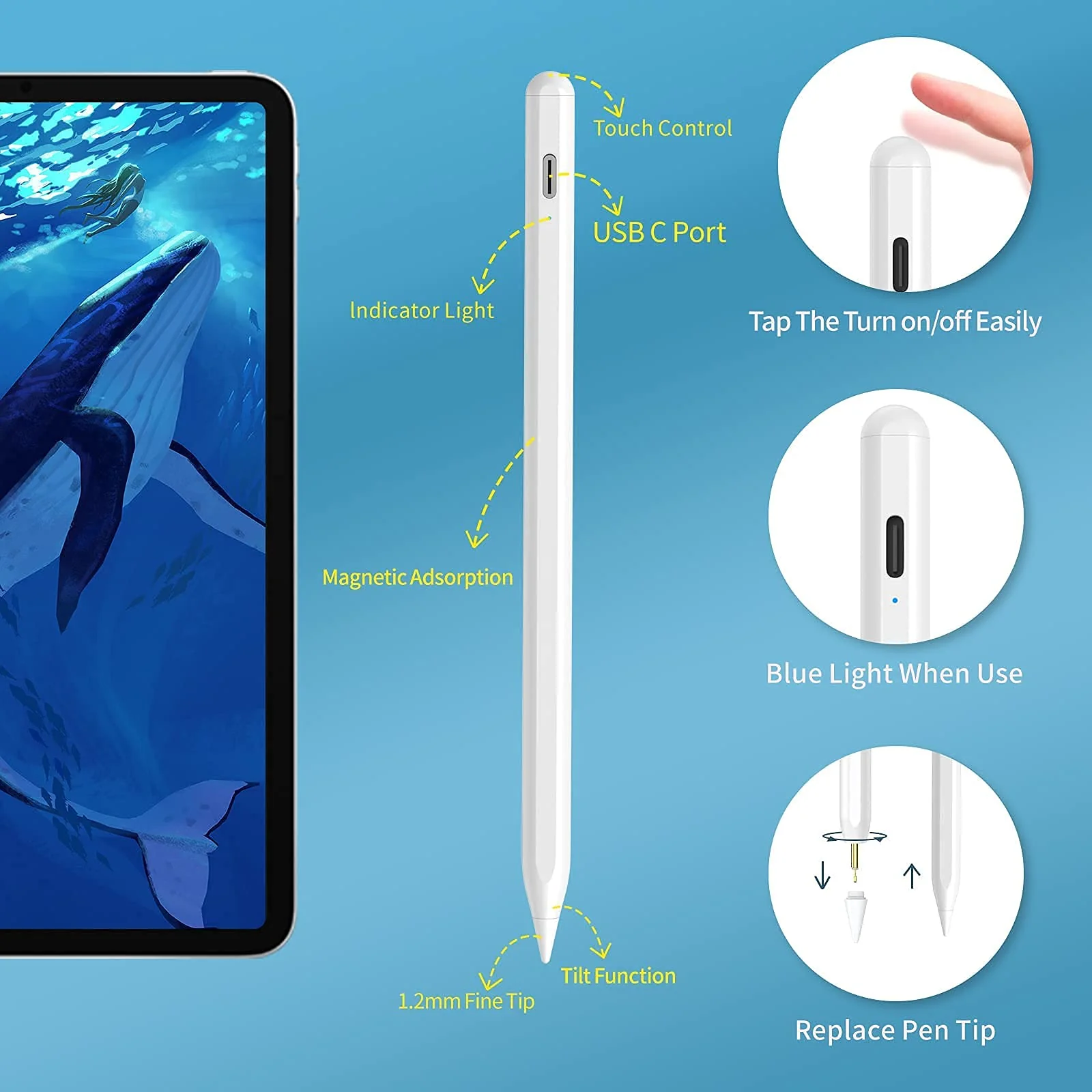 Stylus Pen for iPad with Tilt Sensitive and Magnetic Design, Digital Pencil Compatible with 2018 and Later Model,Apple iPad Pro 11/12.9 Inch,iPad 6/7/8th Gen,iPad Mini 5th Gen,iPad Air 3rd/4th Gen - Image 6