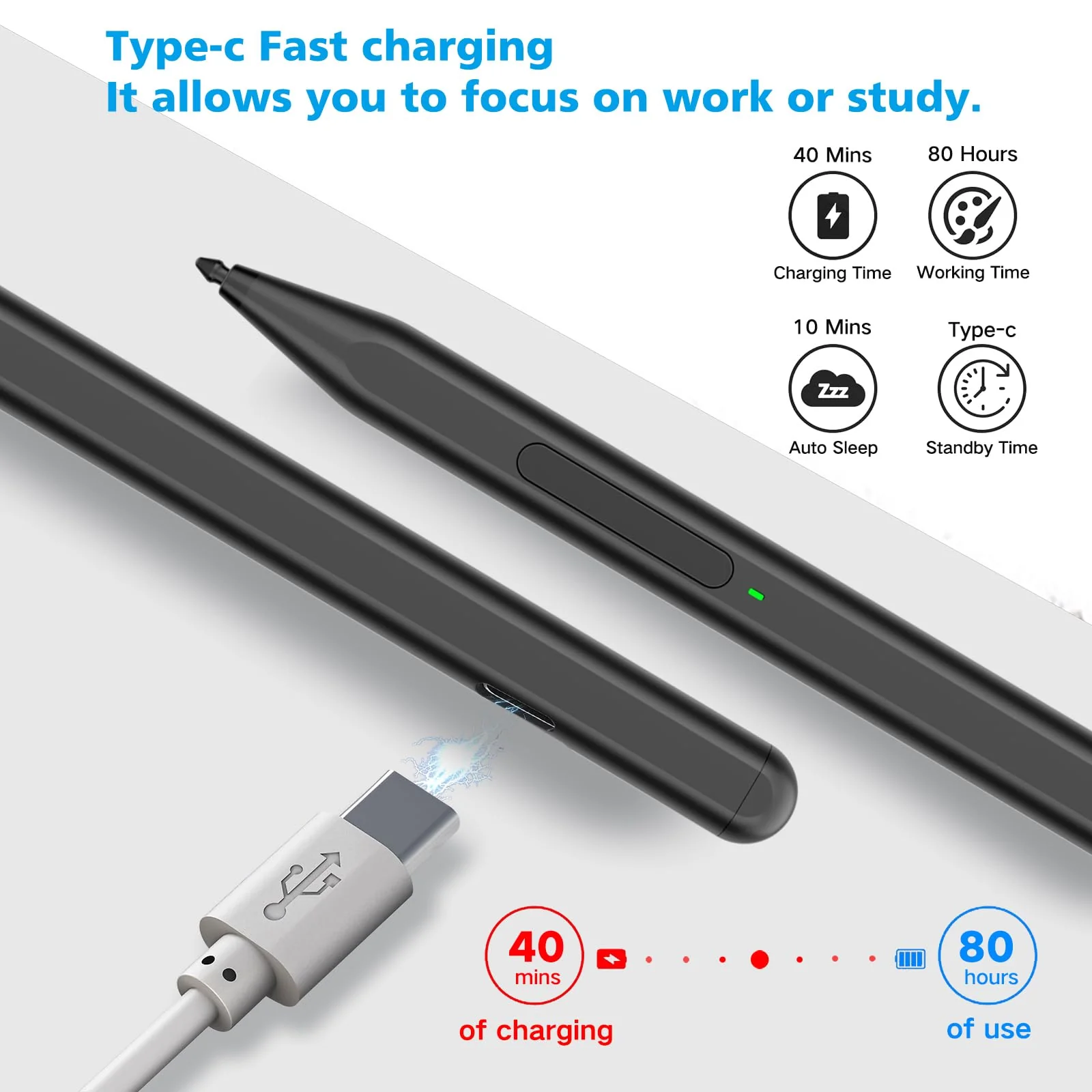Stylus Pen for Microsoft Surface Pro11/10/9/8/X/7+/6/5/4/3/Surface 3, Surface Go 3/2/1, Surface Laptop/Studio/Book 4/3/2/1 with Eraser Side Button,Palm Rejection,Tilt Function,1024 Pressure Black - Image 4