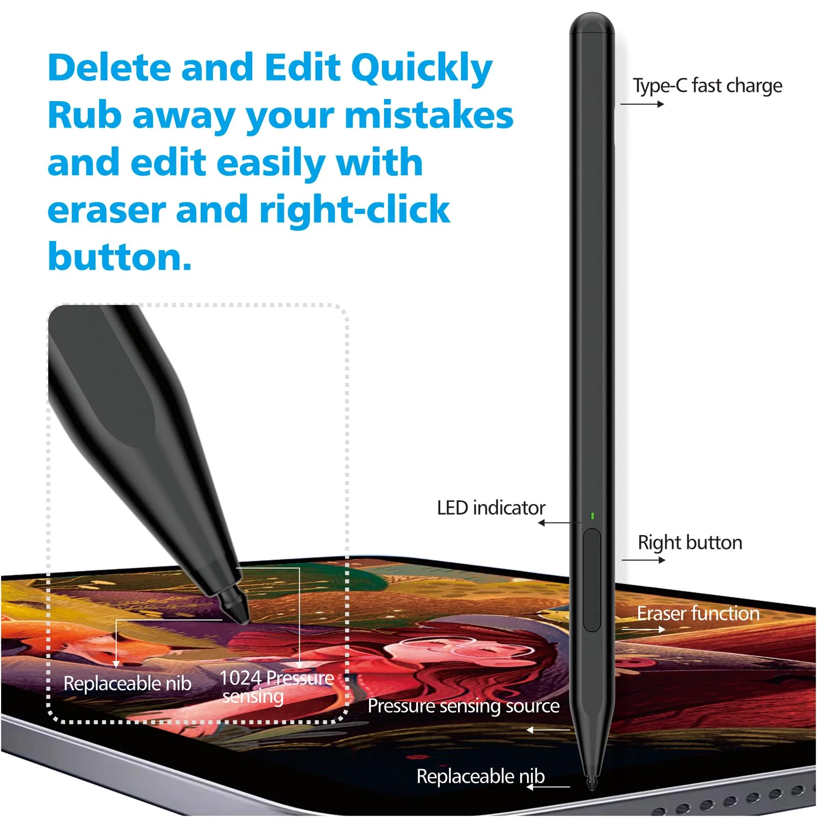 Stylus Pen for Microsoft Surface Pro11/10/9/8/X/7+/6/5/4/3/Surface 3, Surface Go 3/2/1, Surface Laptop/Studio/Book 4/3/2/1 with Eraser Side Button,Palm Rejection,Tilt Function,1024 Pressure Black - Image 5