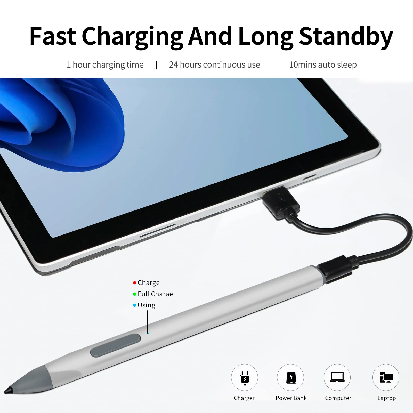 Stylus Pen for Microsoft Surface Pro9/8/X/7/6/5/4/3 Surface Go 3/2/1 Surface 3/Laptop/Studio/Book 4/3/2/1 with 4096 Tilt Pressure Palm Rejection Magnetic Attachment Rechargeable, Silver Triangular Design/4096/Magnetic Pen - Image 5