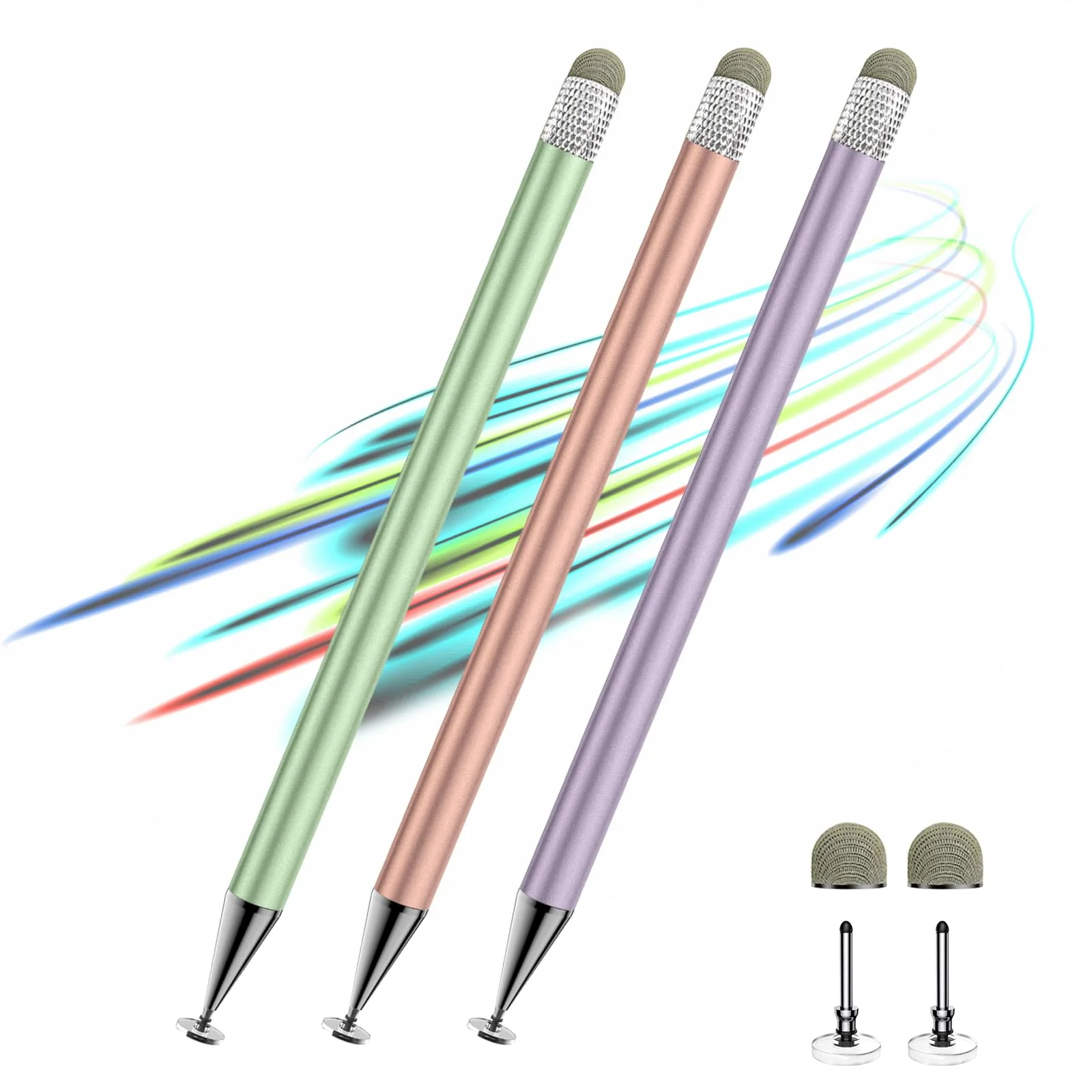 Stylus Pen for Touchscreen,3pcs 2in1 High Precision Sensitivity Stylus, Suitable for iPhone/ipad/Android Stylus for ipad,Compatible with All Touch(Green/Purple/Rose Gold + 4Tips) Green/Purple/Rose Gold