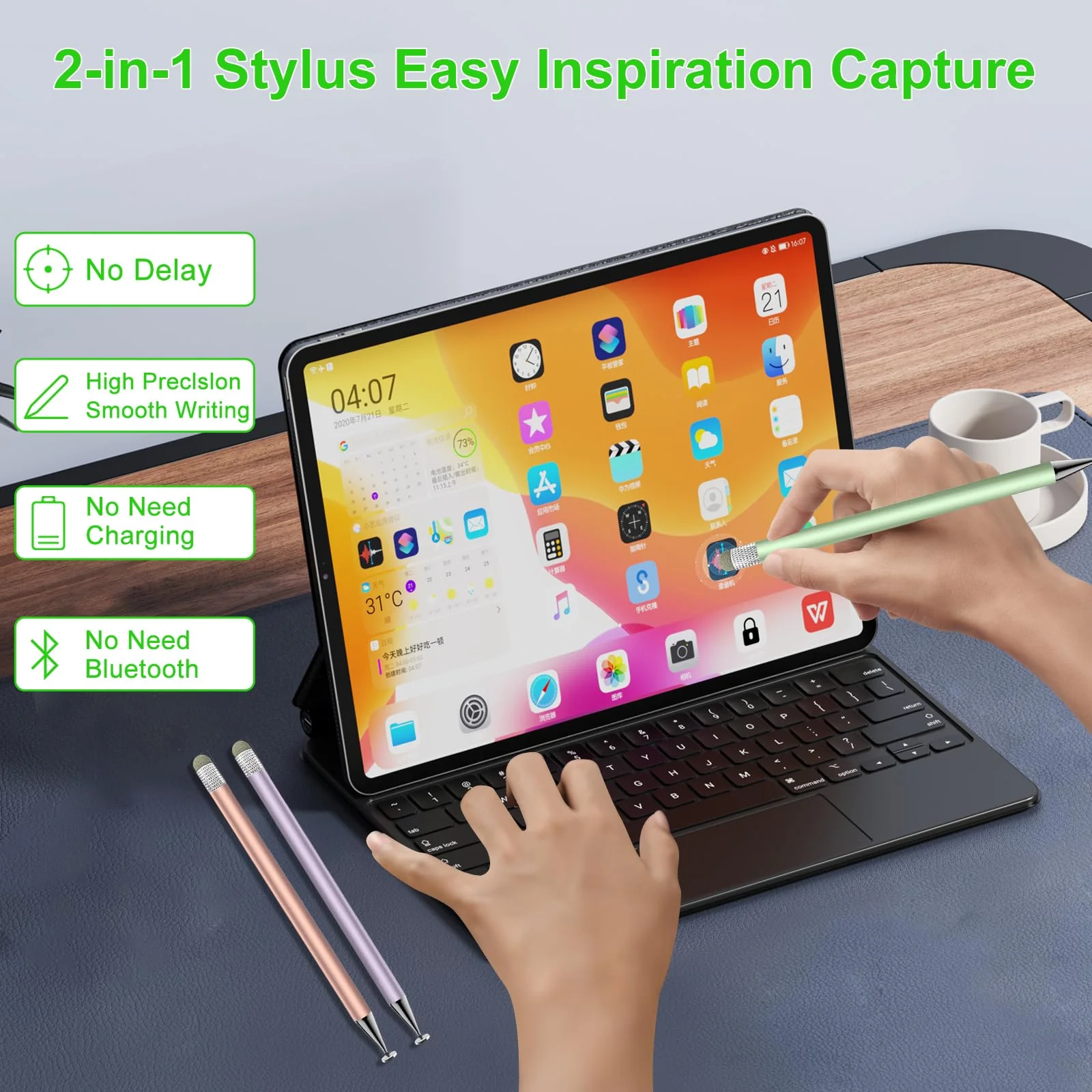 Stylus Pen for Touchscreen,3pcs 2in1 High Precision Sensitivity Stylus, Suitable for iPhone/ipad/Android Stylus for ipad,Compatible with All Touch(Green/Purple/Rose Gold + 4Tips) Green/Purple/Rose Gold - Image 4