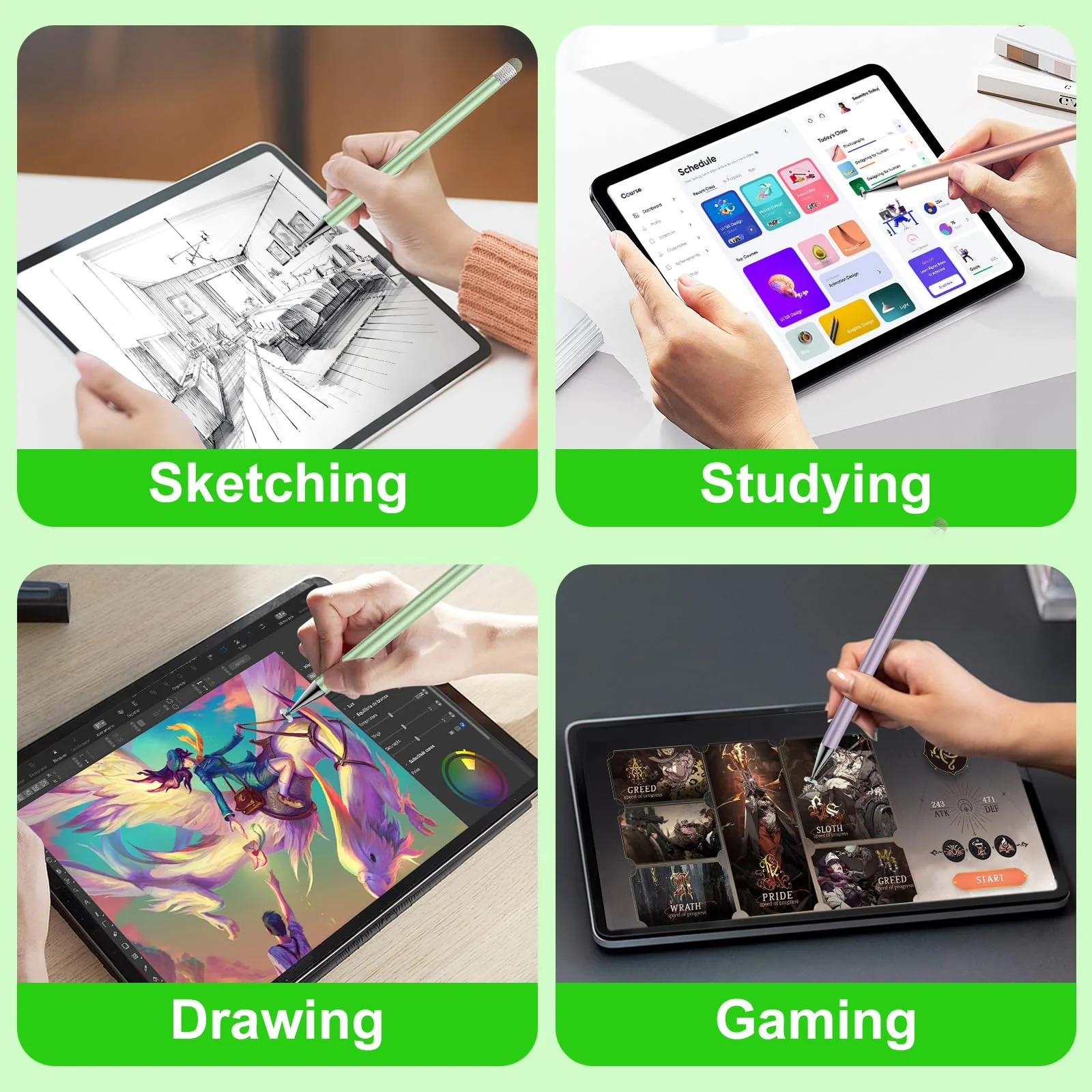 Stylus Pen for Touchscreen,3pcs 2in1 High Precision Sensitivity Stylus, Suitable for iPhone/ipad/Android Stylus for ipad,Compatible with All Touch(Green/Purple/Rose Gold + 4Tips) Green/Purple/Rose Gold - Image 7