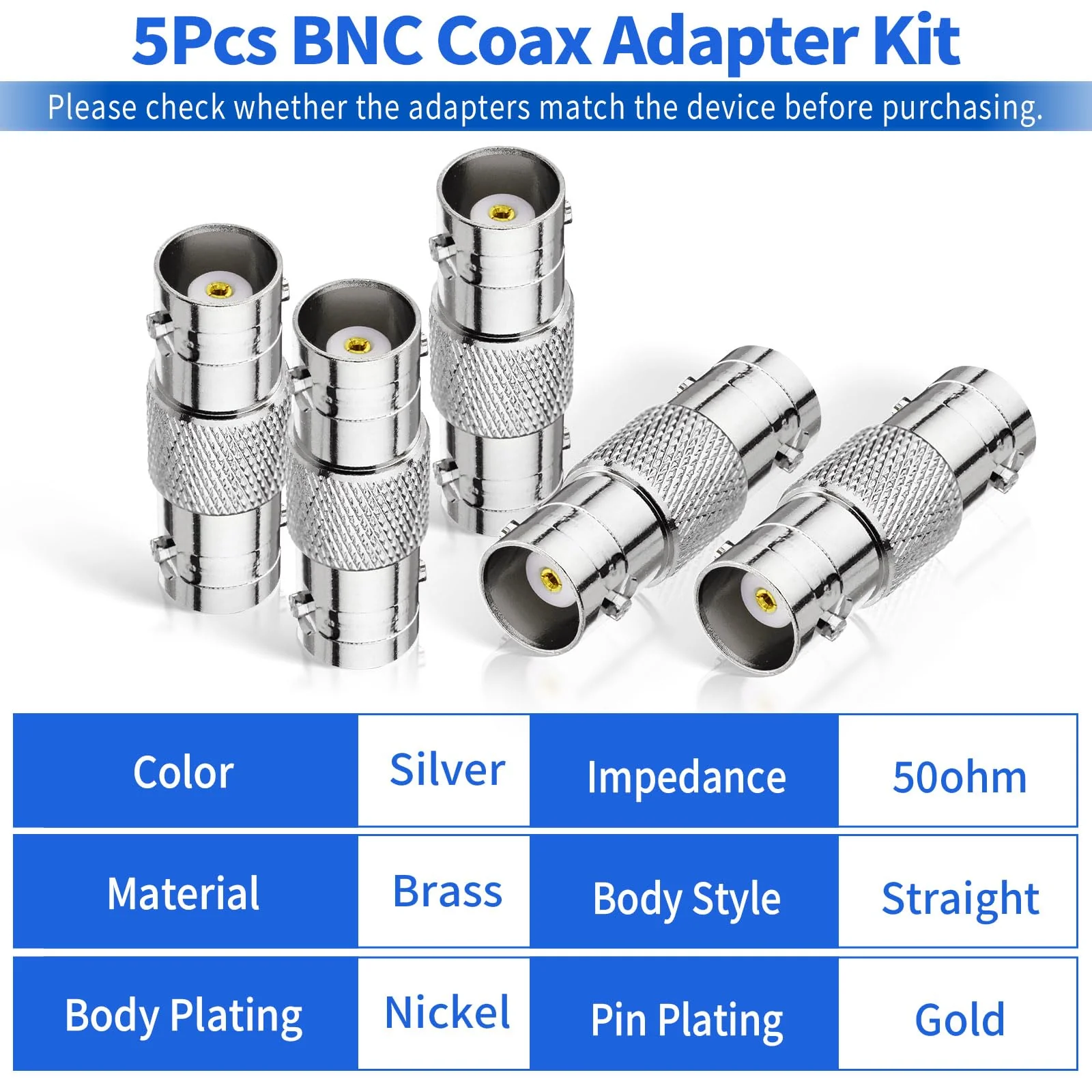 Superbat BNC Adapter BNC Female to BNC Female Barrel Straight RF Coaxial Connector for HD CCTV DVR Surveillance System Video Camera Broadcast Applications 5pcs - Image 2
