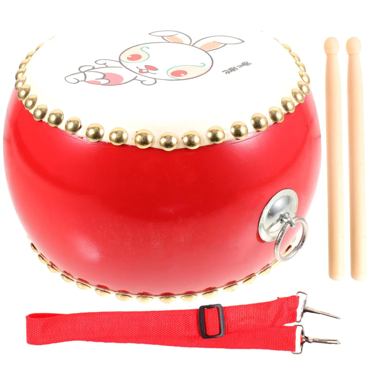 SUPVOX 7 Inch Wooden Drum: Wooden Drum Set with an Adjustable Strap and 2 Drumsticks - Percussion Musical Instrument with Chinese Zodiac Rabbit Pattern for Kids Sensory Learning