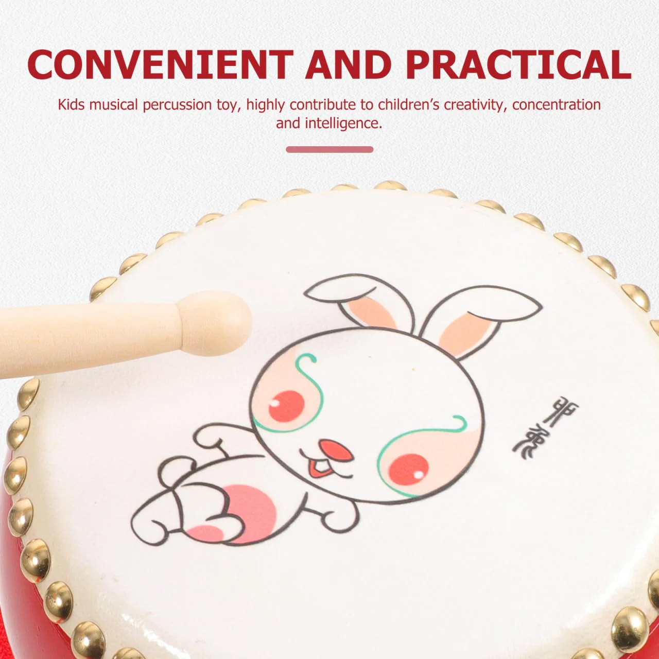 SUPVOX 7 Inch Wooden Drum: Wooden Drum Set with an Adjustable Strap and 2 Drumsticks - Percussion Musical Instrument with Chinese Zodiac Rabbit Pattern for Kids Sensory Learning - Image 3