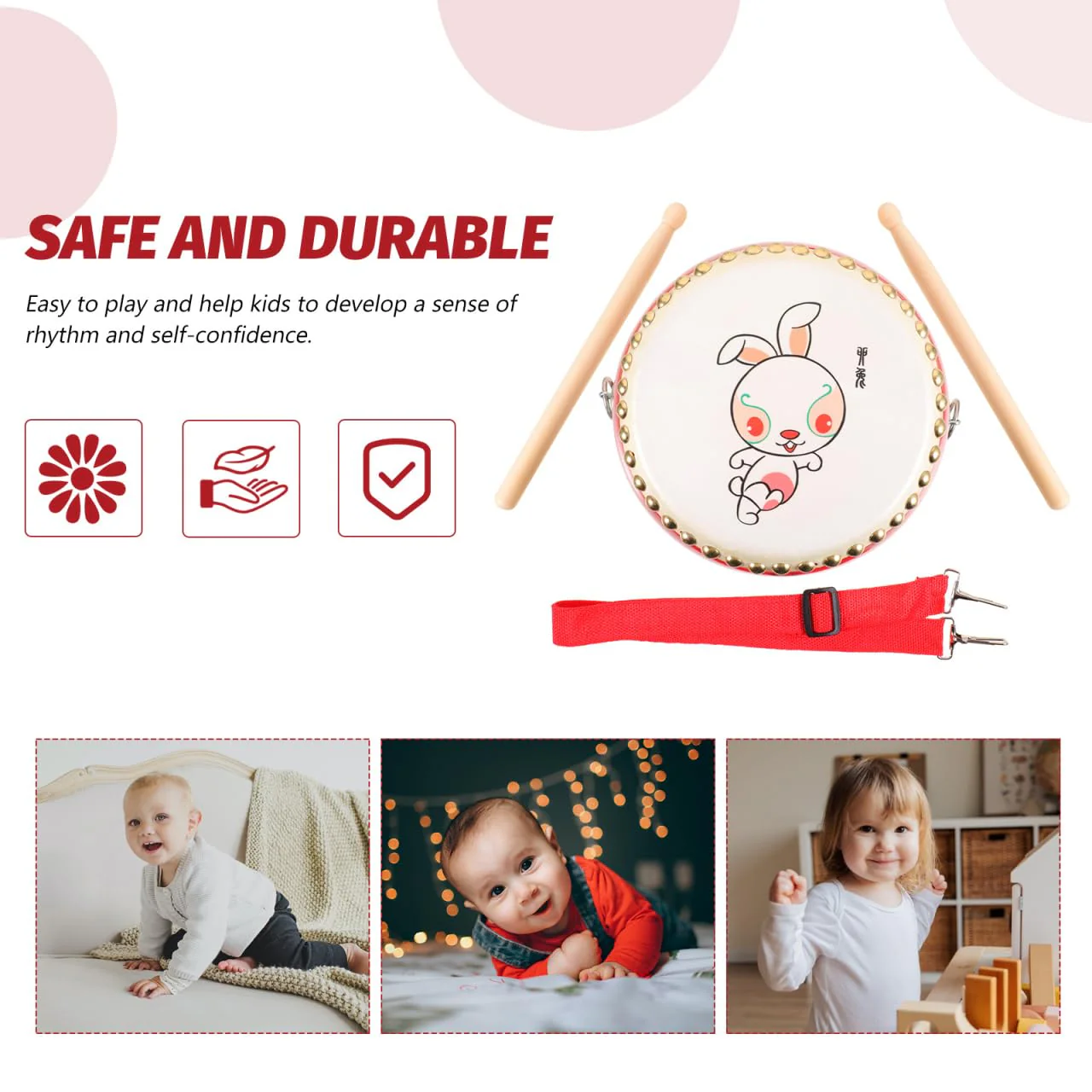 SUPVOX 7 Inch Wooden Drum: Wooden Drum Set with an Adjustable Strap and 2 Drumsticks - Percussion Musical Instrument with Chinese Zodiac Rabbit Pattern for Kids Sensory Learning - Image 4