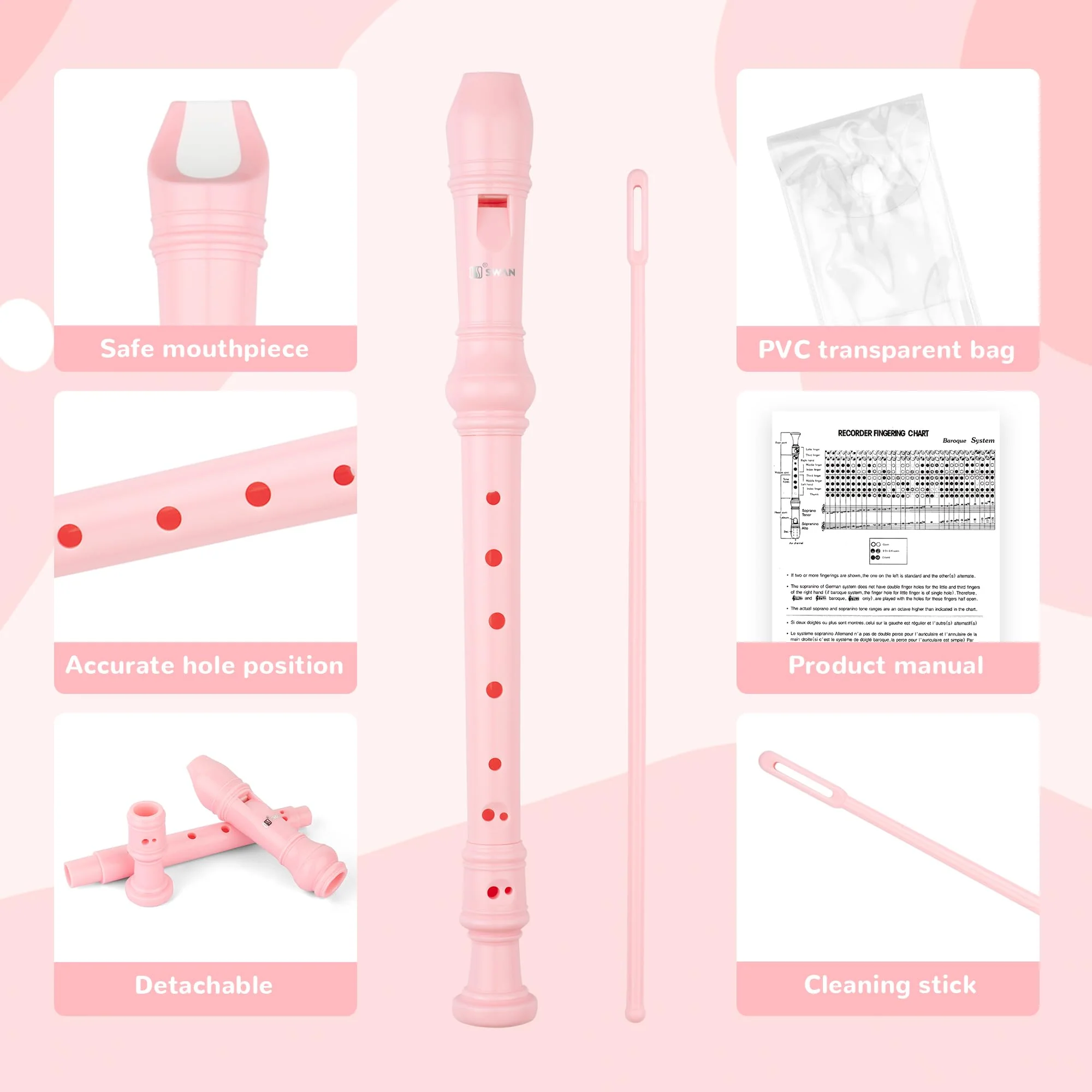 SWAN Soprano Recorder Instrument for Beginners Kids Student - German Fingering 8 Hole Flute Detachable 3pcs ABS Descant Recorders with Cleaning Rod and Fingering Chart, SW8K, Baby Pink 8 hole flute (German Fingering) Bbay Pink - Image 2