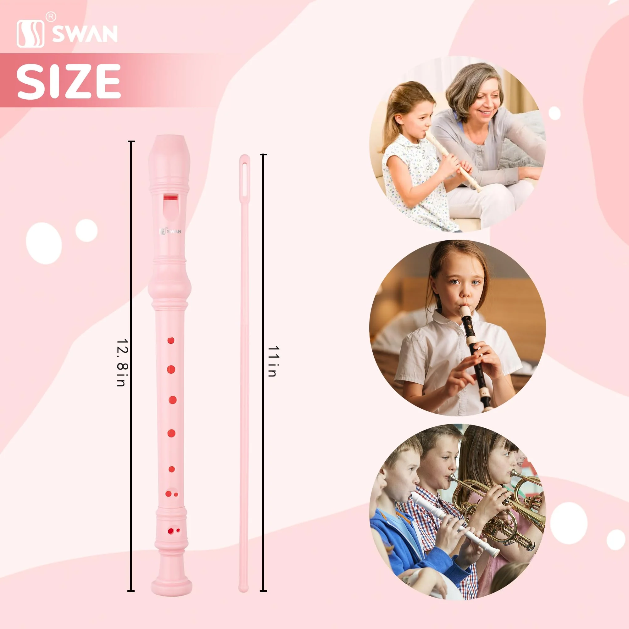 SWAN Soprano Recorder Instrument for Beginners Kids Student - German Fingering 8 Hole Flute Detachable 3pcs ABS Descant Recorders with Cleaning Rod and Fingering Chart, SW8K, Baby Pink 8 hole flute (German Fingering) Bbay Pink - Image 3